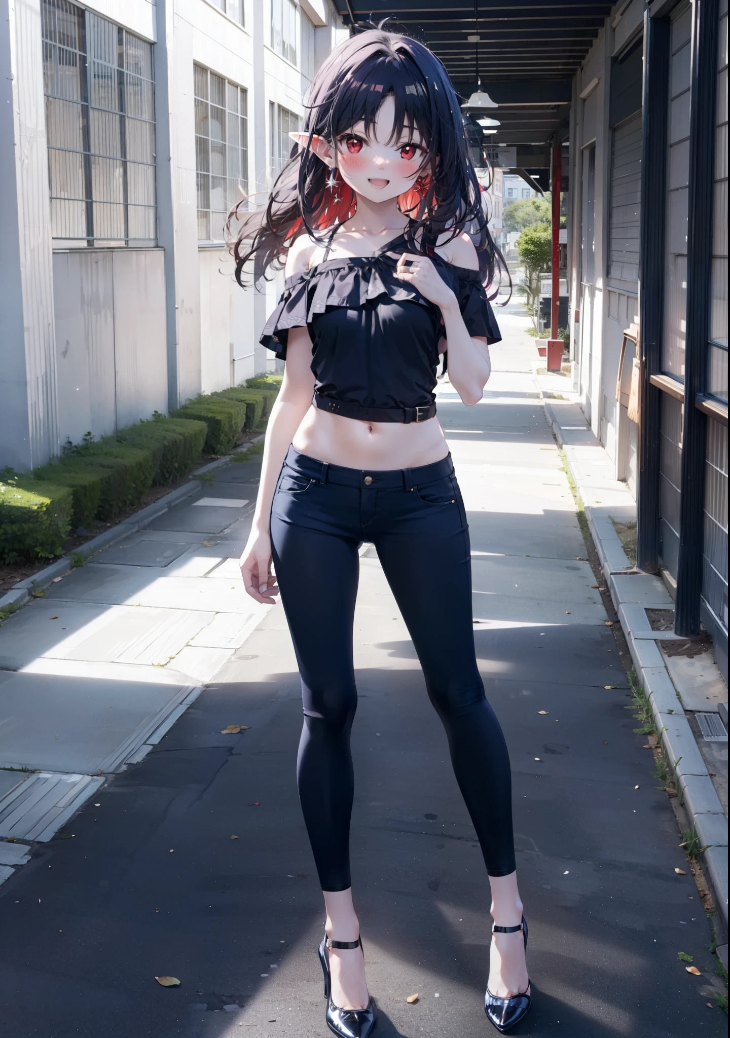 yuukikonno, Yuki Konno, hair band, Long Hair, Pointed Ears, Purple Hair, (Red eyes:1.5), (Small breasts:1.2), blush,happy smile, smile, Open your mouth,Cold shoulder top,Short sleeve,skinny pants,Stiletto heels,morning,morning陽,The sun is rising,whole bodyがイラストに入るように,Looking down from above, break looking at viewer, whole body, break outdoors, School,courtyard, break (masterpiece:1.2), highest quality, High resolution, unity 8k wallpaper, (shape:0.8), (Beautiful and beautiful eyes:1.6), Highly detailed face, Perfect lighting, Highly detailed CG, (Perfect hands, Perfect Anatomy),