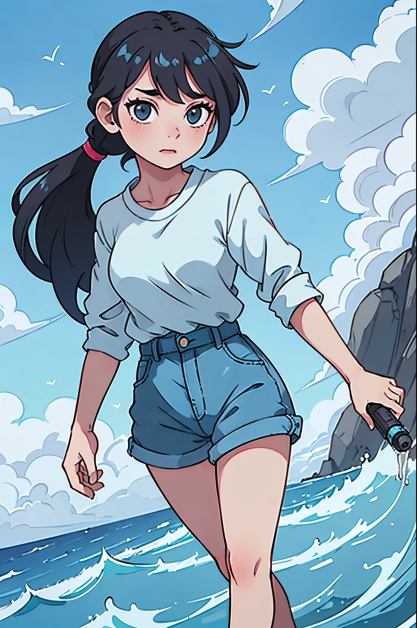 beautiful young woman with black hair, ponytail tied with a teal ribbon, wearing a white shirt on green camisole, denim hot pants, full body, ocean background, blue sky, summer clouds, shimmering hair, rainbow colored lighting, holding hand gun, look at viewer, masterpiece, best quality,