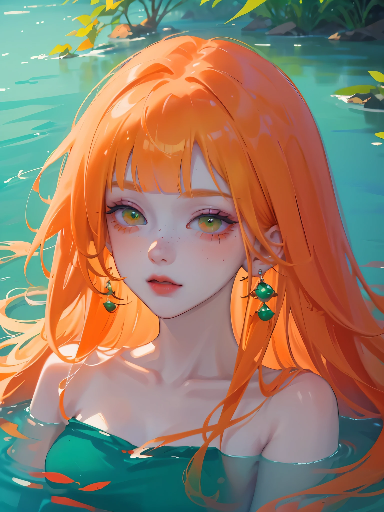 ((best quality)), ((masterpiece)), (detailed), 1 girl, white woman, orange hair mixed with red, big bright green eyes, freckles on face, long straight orange hair with red gradient downwards, orange bangs on the forehead, the woman is located in a pond in the middle of nature, cute anime animation style