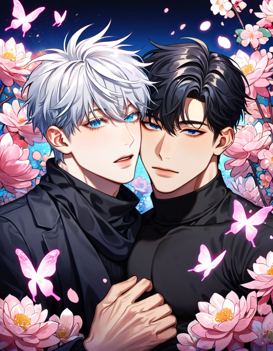 absurdres, highres, ultra detailed, HDR, master piece, best quality, extremely detailed face, delicated features, Kang Woojin, black messy hair, expressive dark blue eyes, Love Jinx, Gojou Satoru, white hair, expressive blue eyes, two sexy men together, gay couple, yaoi, handsome, toned chest, black coat, black sweater, black scarf, fantasy, magical, radiant, blossoms, pink flowers, pink butterflies