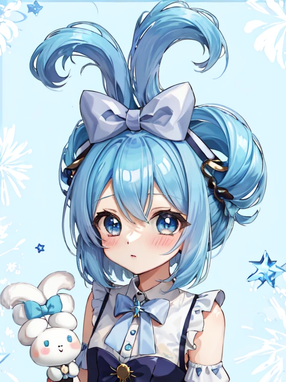 1girl, solo, Cinnamiku, blue hair, blue eyes, hair rings, hair bow, blue bow, (cinnamoroll, tied ears),  light blue hair,((blush)), (chibi:1.2),, , blue necktie, frilled collar, cute, hair_behind_ear, (chibi_style:1.2), 