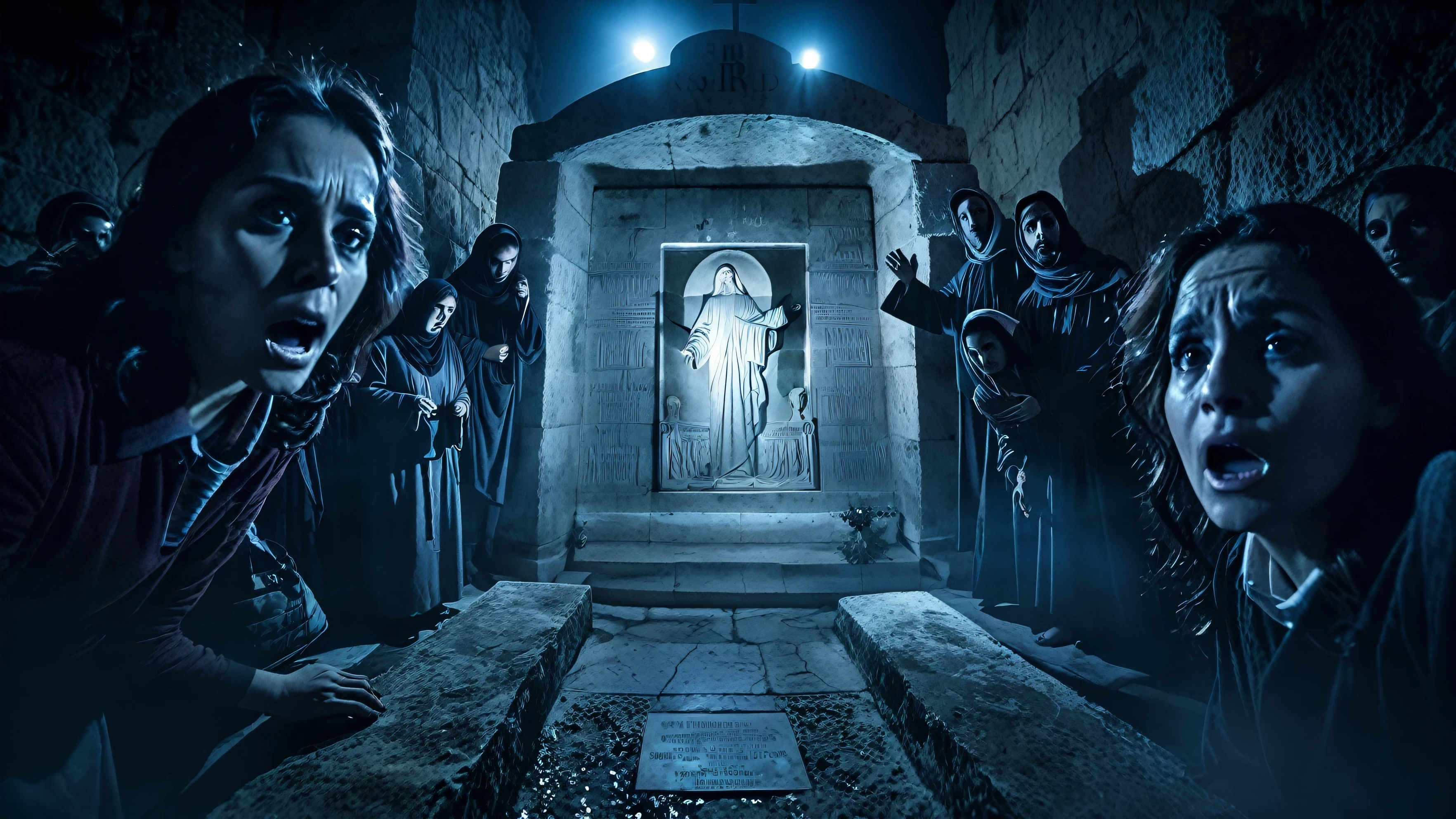 group of people standing around a tomb of Jesus Christ in a dark room, assombrando!, na cidade de Jerusalem, foto ainda, filme de terror, Horror", Horror ", Assombrada gravestones, cemetery, o cemetery!!, imagem promocional, cena assustadora, Assombrada, ainda promocional, em um cemetery, threatening!, filme de terror, filme de terror still, arte promocional bbc, at o cemetery at midnight, poster photo