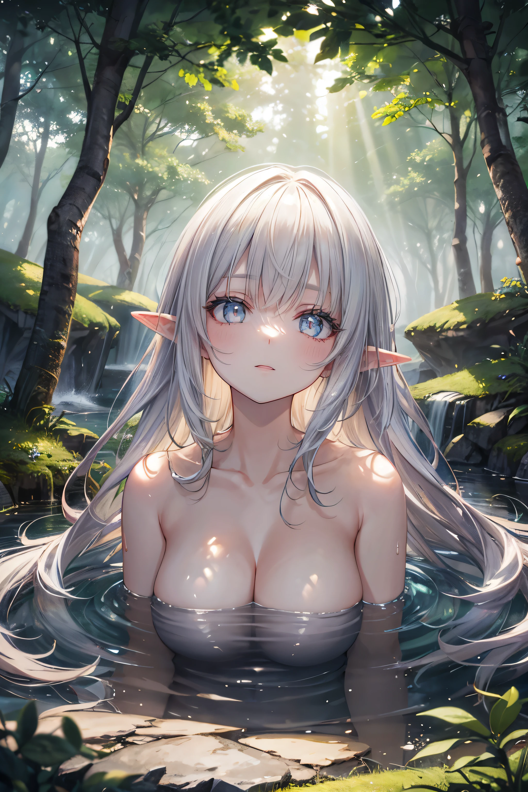 (High resolution,highest quality),Detailed elven woman,Detailed face,Fine grain,Look up at the sky,Half naked,Vibrant colors,Landscape Background,Forest Elements,waterfall,Mysterious atmosphere,Soft sunlight,Calm expression,Flowing hair,Fantasy Setting,Magical atmosphere,Glowing Flower,Delicate features,Enchanted Forest,light,pastel colour,Mystical Creatures,Majestic Tree々,Carbonated water,Mottled Shadows,Heavenly Beauty,Ferocious yet elegant,Graceful posture,A strong connection with nature,Mystical Eyes,Wisdom and magic,A harmonious blend of fantasy and reality,Mythical world,Magic in the air,Peace and tranquility,Immersive Experience,Whimsical and seductive,An unforgettable visual journey,Masterpiece of Art