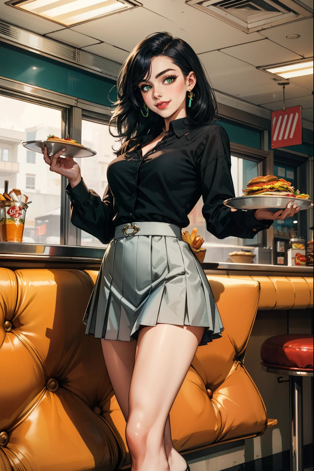 (masterpiece, best quality:1.2, Detailed Face), solo, 1girl, American diner, Waitress, 1950s, holding a platter with fries and hamburger, Smile, High heels, Pleated short skirt (Black), long sleeved blouse (white), Green eyes, Black hair,