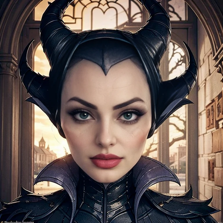 Masterpiece, best quality, detailed face, perfect eyes, Maleficent, black cowl, demon horns, throne behind her, looking at viewer,