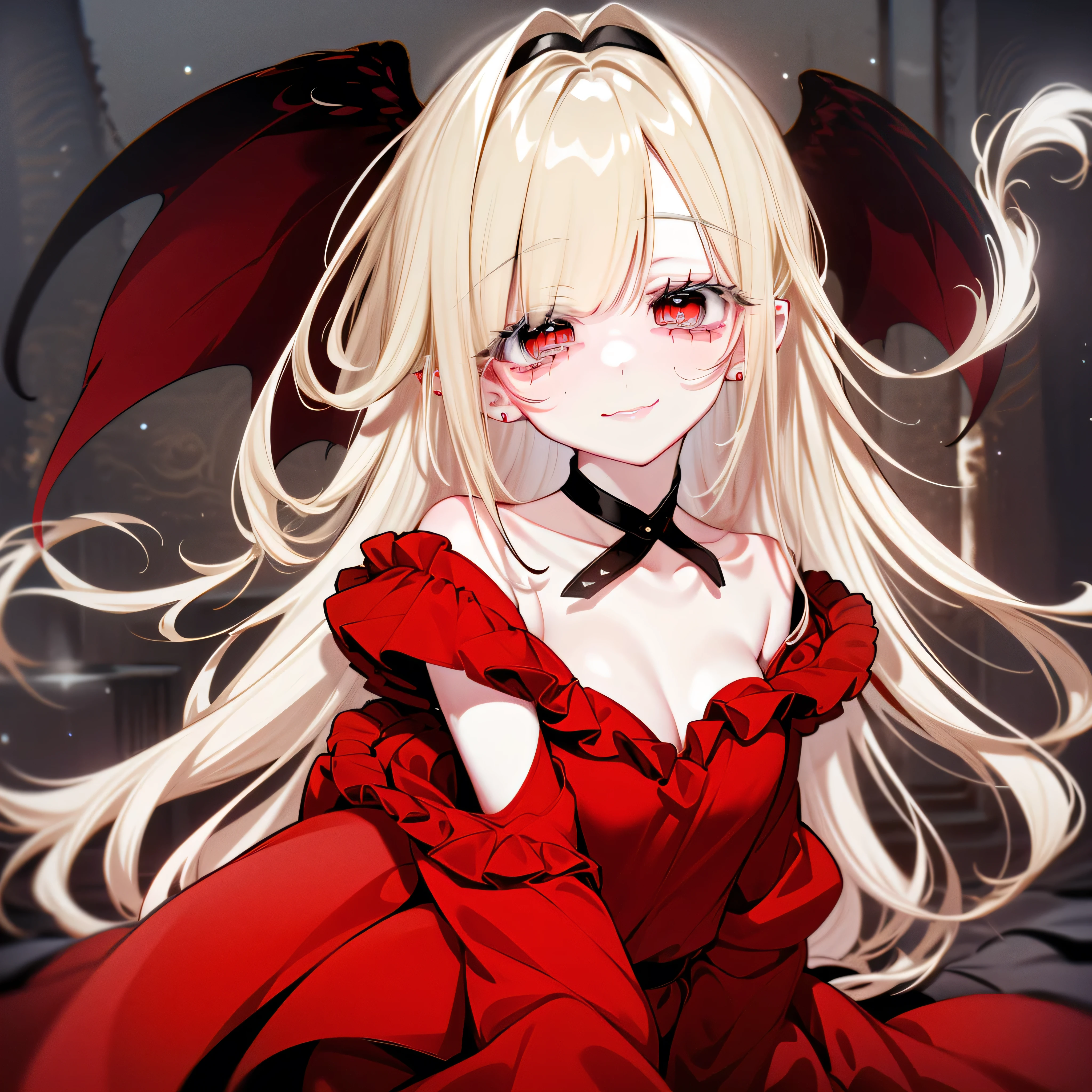 a girl with bark tinted hair, half-length statue, 4k hd, face expressionless, anime style, sideface, white background, dark, eerie, smiling, dark angel, deceiving, smug look, velvet red dress, blood, shining eyes, black wings