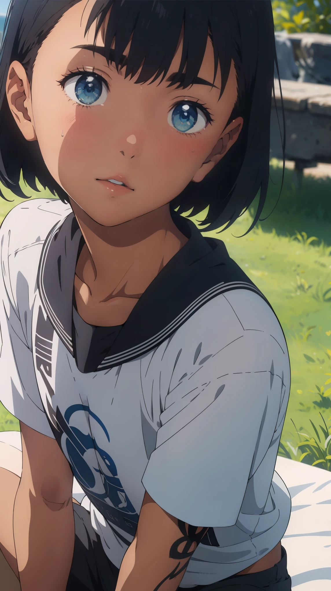 {{Mio Kofune}}, {Summertime Render}, (上面figure:1.2),(A face waiting for a kiss:1.3), (blush:1.5), Shining sky blue eyes, Mouth closed, Black Short Hair, Medium chest, Dark Skin, Woman with dark skin, White shirt, ,Short sleeve shirt with "SAKANA" written on it, , One girl, alone,so beautiful, highest quality, Great quality, ,curated, figure, Very detailed, Anime Coloring,Sitting on the bed,Close-up of face BREAK Super detailed, Official Art, unity 8k wallpaper ,