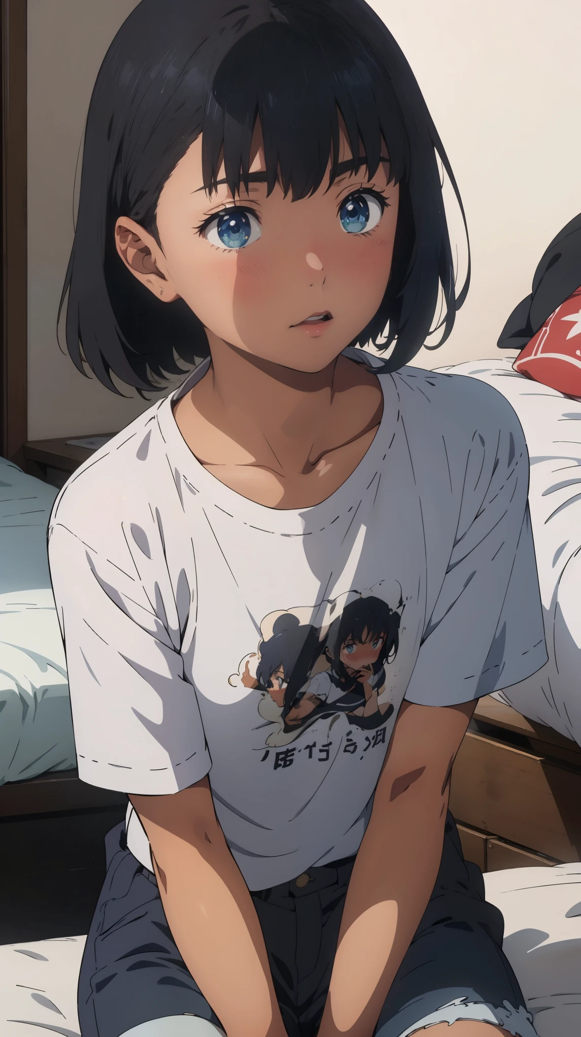 {{Mio Kofune}}, {Summertime Render}, (上面figure:1.2),(A face waiting for a kiss:1.3), (blush:1.5), Shining sky blue eyes, Mouth closed, Black Short Hair, Medium chest, Dark Skin, Woman with dark skin, White shirt, ,Short sleeve shirt with "SAKANA" written on it, , One girl, alone,so beautiful, highest quality, Great quality, ,curated, figure, Very detailed, Anime Coloring,Sitting on the bed,Close-up of face BREAK Super detailed, Official Art, unity 8k wallpaper ,