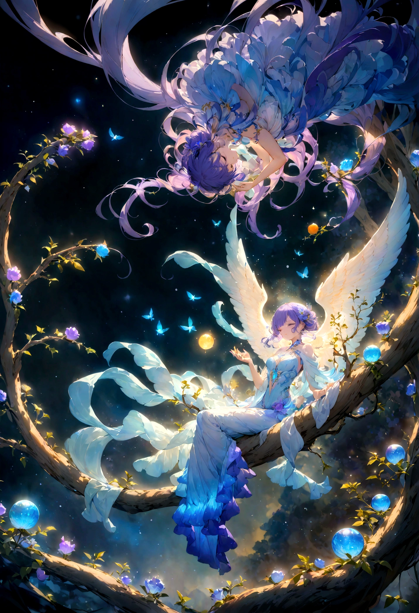 Create an ethereal, glowing bird with luminescent feathers in shades of blue, purple, and white, perched on a delicate, swirling branch. The bird should have an otherworldly glow, with light emanating from its body and wings, giving it a magical, celestial appearance. Surround the bird with a dreamy, cosmic background featuring vibrant colors such as deep blues, purples, and oranges. Incorporate swirling, wispy clouds and light trails that give a sense of motion and fantasy. Add subtle sparkles and glowing orbs to enhance the mystical atmosphere. The overall composition should be whimsical, enchanting, and filled with a sense of wonder and tranquility.