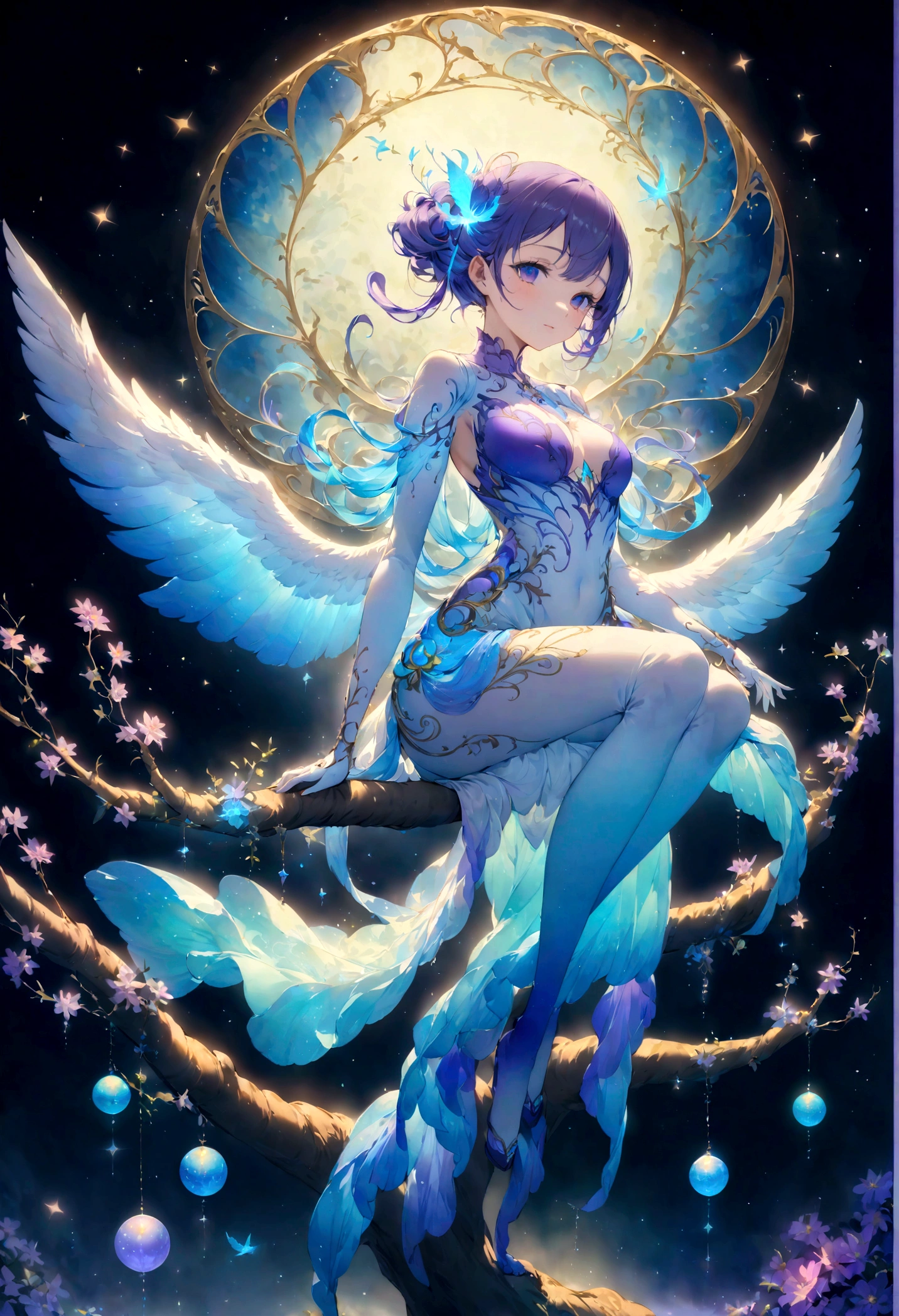 Create an ethereal, glowing bird with luminescent feathers in shades of blue, purple, and white, perched on a delicate, swirling branch. The bird should have an otherworldly glow, with light emanating from its body and wings, giving it a magical, celestial appearance. Surround the bird with a dreamy, cosmic background featuring vibrant colors such as deep blues, purples, and oranges. Incorporate swirling, wispy clouds and light trails that give a sense of motion and fantasy. Add subtle sparkles and glowing orbs to enhance the mystical atmosphere. The overall composition should be whimsical, enchanting, and filled with a sense of wonder and tranquility.