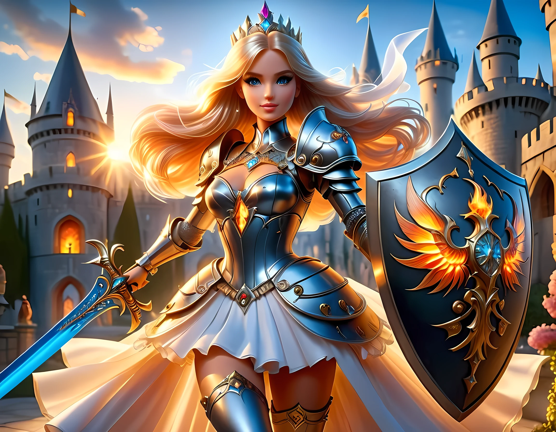 16k, ultra detailed, masterpiece, best quality, (extremely detailed), arafed, dnd art, panoramic view, full body, a single1 (Barbie: 1.5) knight standing on the all of the castle as the sun rises, she is holding sword and shield, you see only the silhouette of knight, intense eyes, ultra feminine, ultra detailed face, (Masterpiece, intense details:1.5), (anatomically correct: 1.5), determined face, sky are switching day and night, the sun is rising, suns, some stars, rays of dawn, fantasy castle background, Wide-Angle, Ultra-Wide Angle, 16k, highres, best quality, faize, Sword and shield, phoenix dress