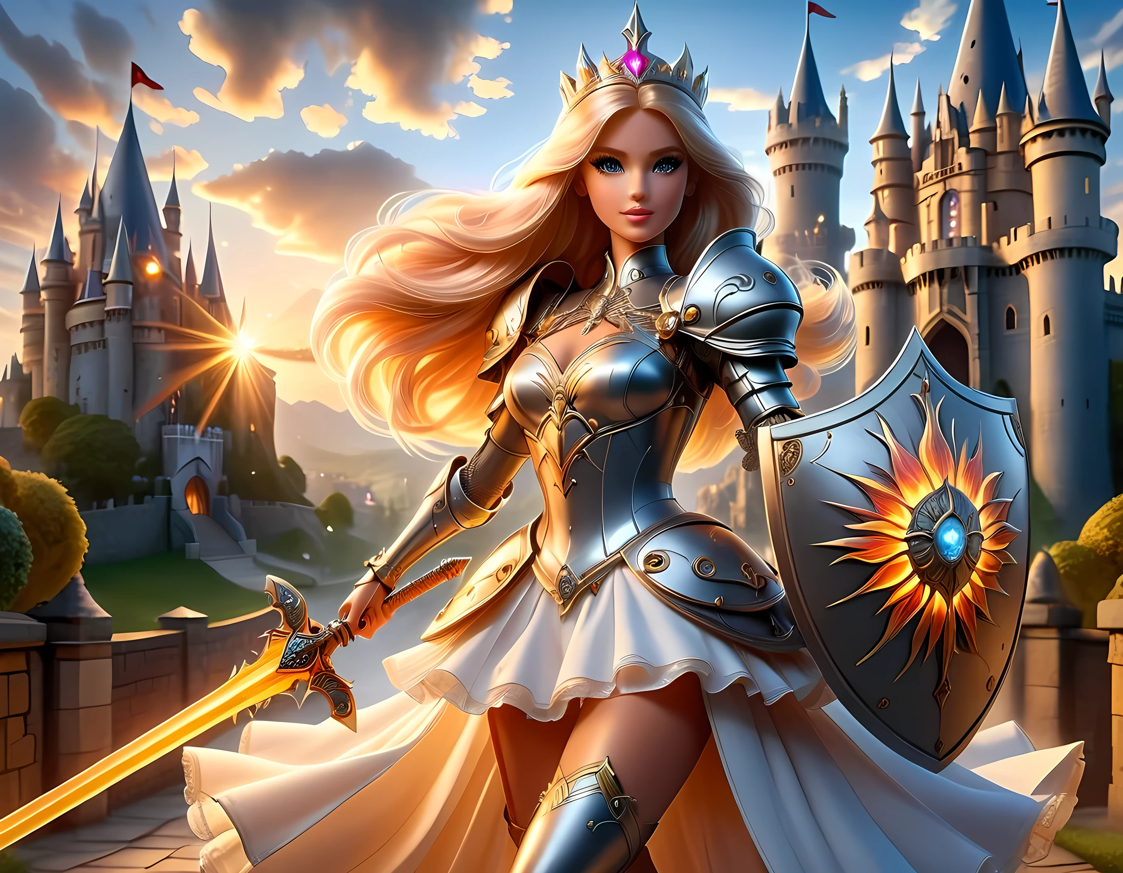 16k, ultra detailed, masterpiece, best quality, (extremely detailed), arafed, dnd art, panoramic view, full body, a single1 (Barbie: 1.5) knight standing on the all of the castle as the sun rises, she is holding sword and shield, you see only the silhouette of knight, intense eyes, ultra feminine, ultra detailed face, (Masterpiece, intense details:1.5), (anatomically correct: 1.5), determined face, sky are switching day and night, the sun is rising, suns, some stars, rays of dawn, fantasy castle background, Wide-Angle, Ultra-Wide Angle, 16k, highres, best quality, faize, Sword and shield, phoenix dress