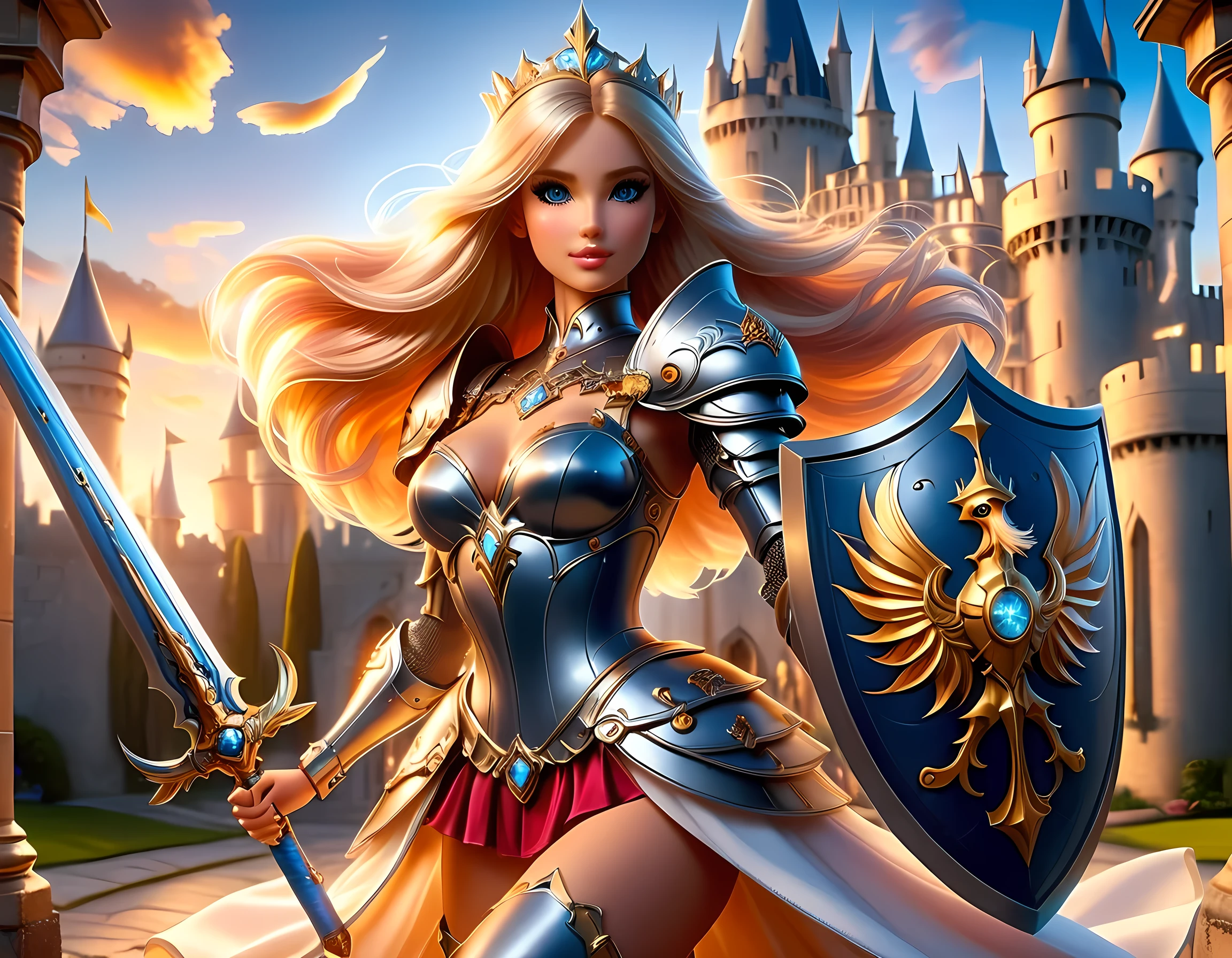 16k, ultra detailed, masterpiece, best quality, (extremely detailed), arafed, dnd art, panoramic view, full body, a single1 (Barbie: 1.5) knight standing on the all of the castle as the sun rises, she is holding sword and shield, you see only the silhouette of knight, intense eyes, ultra feminine, ultra detailed face, (Masterpiece, intense details:1.5), (anatomically correct: 1.5), determined face, sky are switching day and night, the sun is rising, suns, some stars, rays of dawn, fantasy castle background, Wide-Angle, Ultra-Wide Angle, 16k, highres, best quality, faize, Sword and shield, phoenix dress