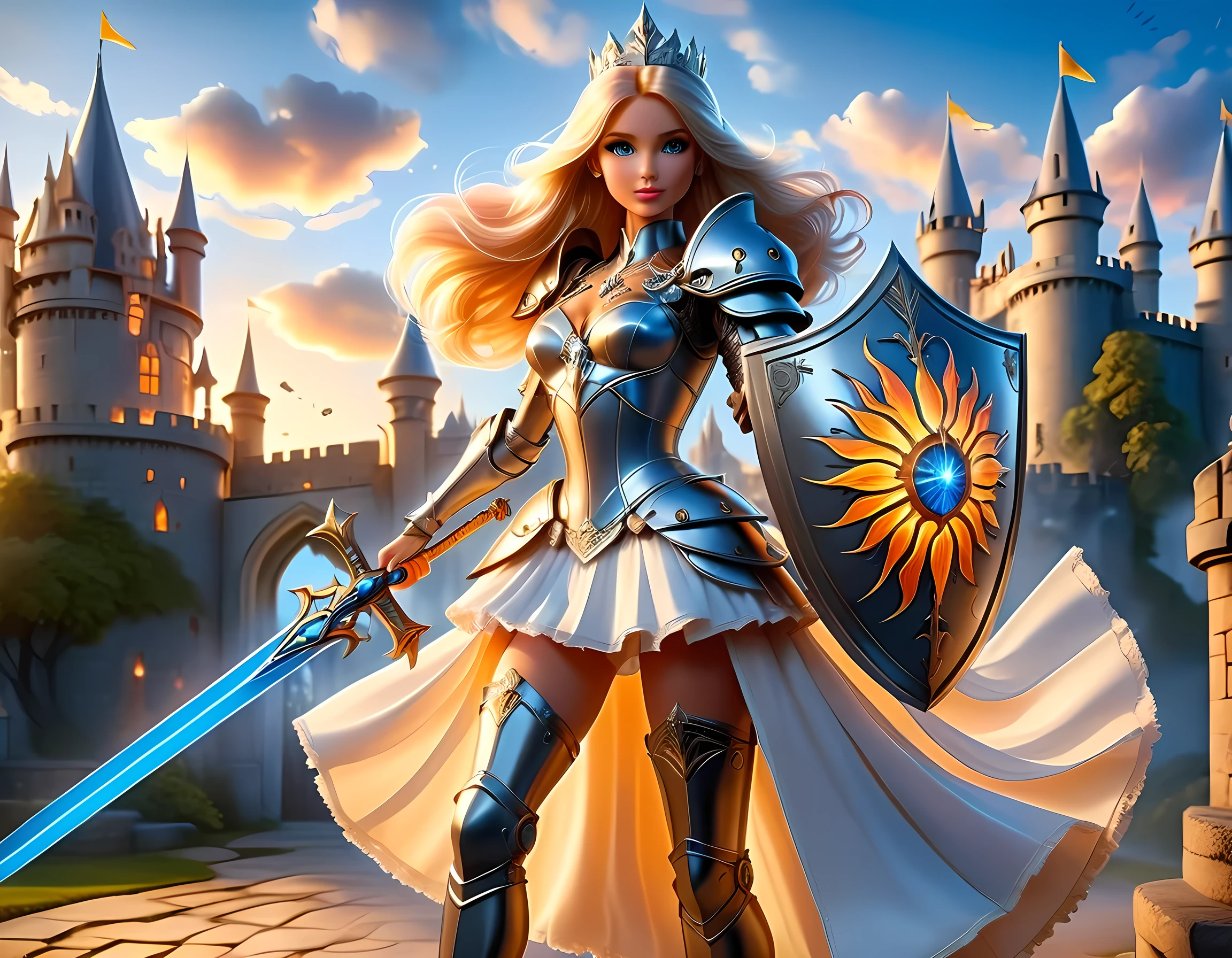 16k, ultra detailed, masterpiece, best quality, (extremely detailed), arafed, dnd art, panoramic view, full body, a single1 (Barbie: 1.5) knight standing on the all of the castle as the sun rises, she is holding sword and shield, you see only the silhouette of knight, intense eyes, ultra feminine, ultra detailed face, (Masterpiece, intense details:1.5), (anatomically correct: 1.5), determined face, sky are switching day and night, the sun is rising, suns, some stars, rays of dawn, fantasy castle background, Wide-Angle, Ultra-Wide Angle, 16k, highres, best quality, faize, Sword and shield, phoenix dress