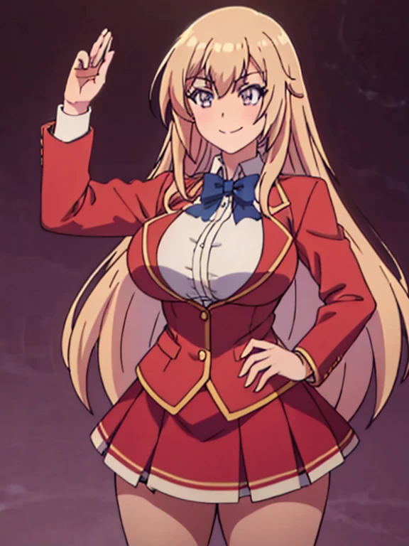8k, huge , floating hair, busty, large chest, big tits, thick, masterpiece, best quality, 1girl, ichinose, ichinose, 1girl, solo, smile, skirt, bow, , jacket, socks, blazer, simple background, masterpiece, view at camera, fullbody, random pose,