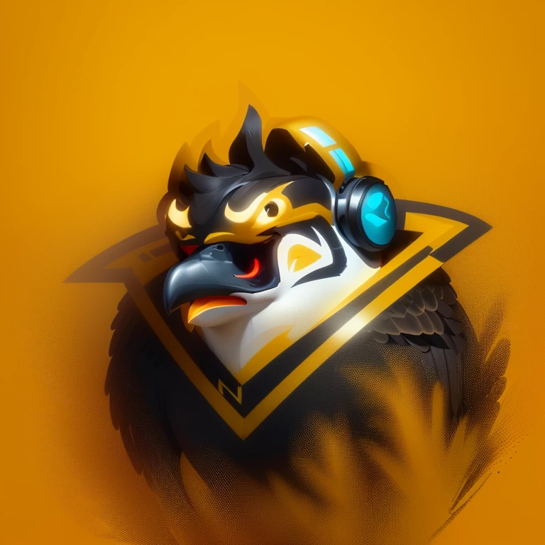 a bird with headphones on its head and a yellow background, penguinz0, Esportes logo, kenku, mascot illustration, irritado 8k, bird head, foto do perfil 1024px, olhar irritado, eagle head, crow head, eagle logo, muscle contraction coil / jogador ludwig, estilo nevasca da Activision, sorriso arrogante, imagem de perfil, Esportes, escrito "pato" na parte inferior