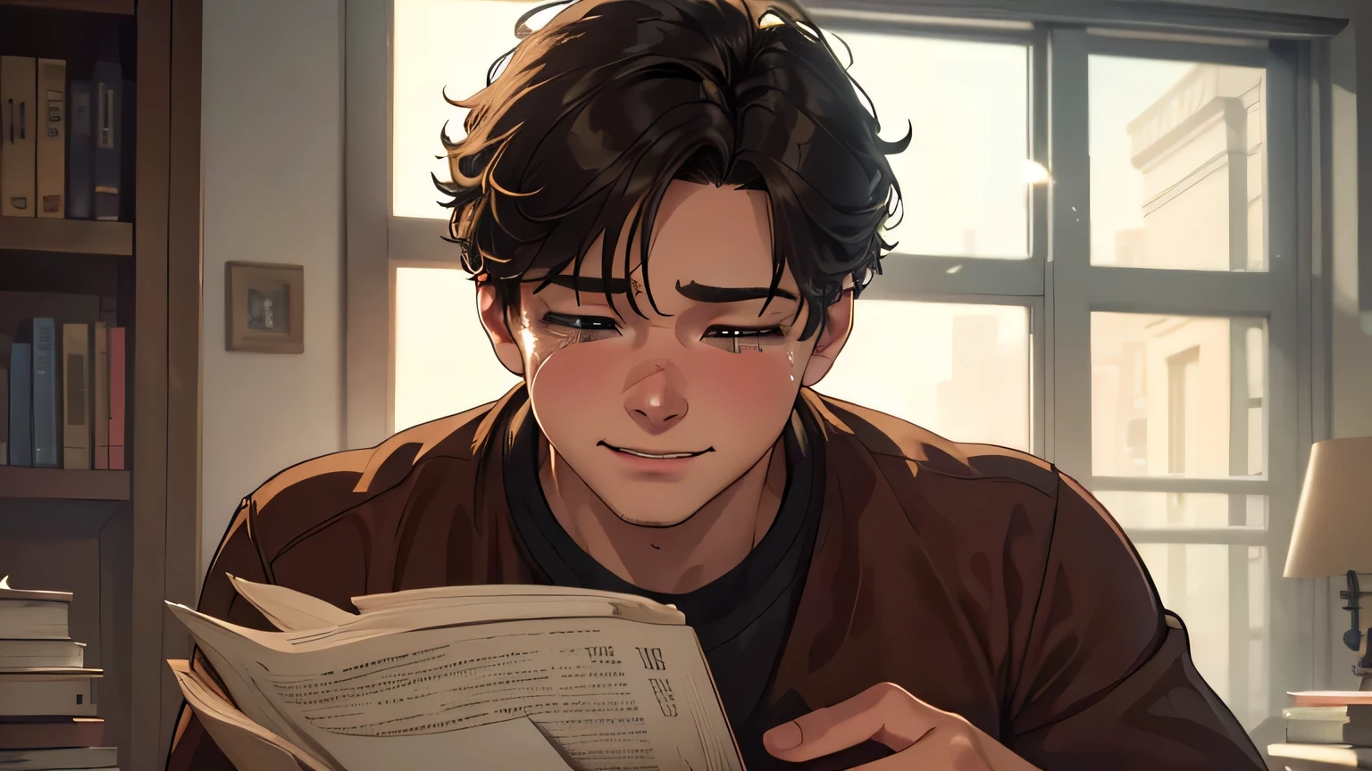 a happy boy crying while holding an open book, detailed face, close-up, emotional, sad, tears in eyes, book pages, indoor setting, cinematic lighting, warm color tones, photorealistic, (best quality,4k,8k,highres,masterpiece:1.2),ultra-detailed,(realistic,photorealistic,photo-realistic:1.37)