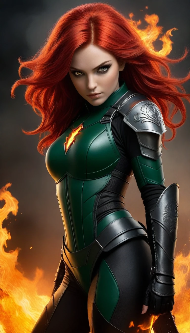 "Meet Aisling 'Inferno' O'Connor, a fierce and fiery warrior with a spirit to match her blazing red hair. Her locks are a deep, burnt orange, and her eyes burn with an inner intensity, like embers from a raging fire. Aisling's combat style is as fiery as her personality, with a penchant for explosive weapons and scorched-earth tactics.
Background:
Aisling was once a member of an elite special forces unit, but her rebellious nature and disregard for authority led her to strike out on her own. She now uses her skills to protect the innocent and ignite a fire of resistance against tyranny.
Personality:
Aisling is a force of nature - fiery, passionate, and unyielding. She lives by her own rules and will stop at nothing to achieve her goals.
Appearance:
Fiery red hair, intense emerald eyes, black leather armor with flame designs, and a scar above her left eyebrow from a past battle.
Abilities:
- Mastery of explosive weapons
- Expert marksmanship
- Pyromancy (ability to control fire)
- Enhanced strength and endurance
Now, unleash Aisling's inferno upon the world!"