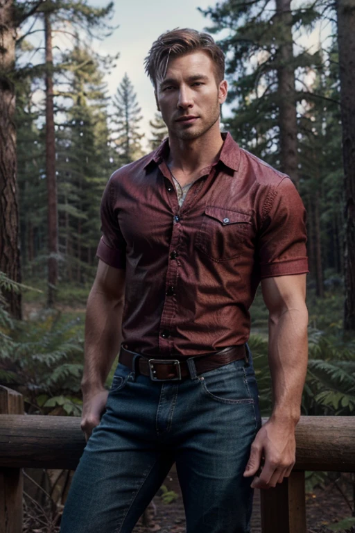 Chad Radwell, Glen Powell, Wolf, 26 years old, short messy black hair, slim muscular build, green eyes, open red denim shirt, dark blue jeans, black belt, light brown combat boots, silver moon pendant, black misty forest background.