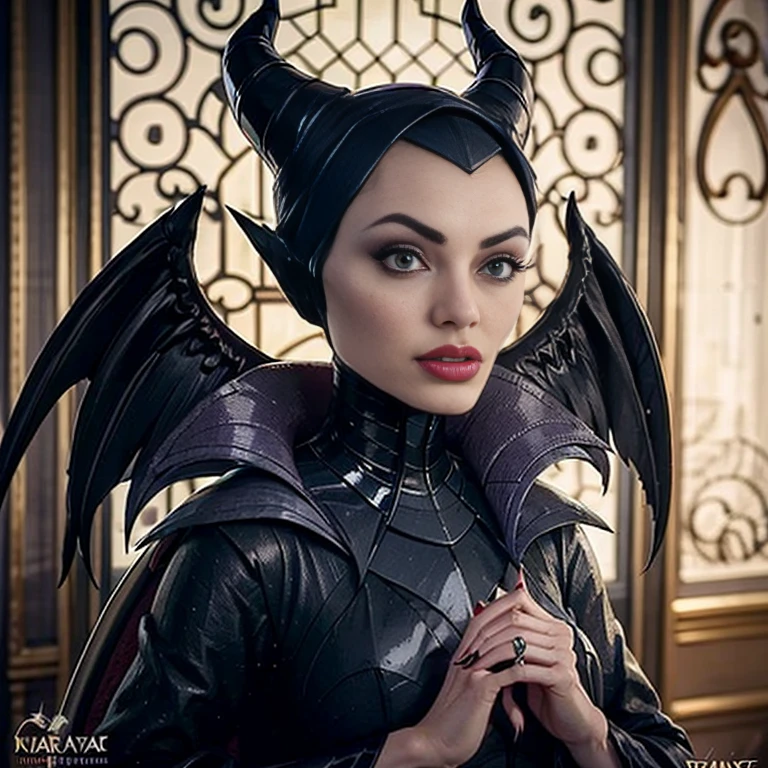 Masterpiece, best quality, detailed face, perfect eyes, Maleficent, black cowl, demon horns, throne behind her, looking at viewer,