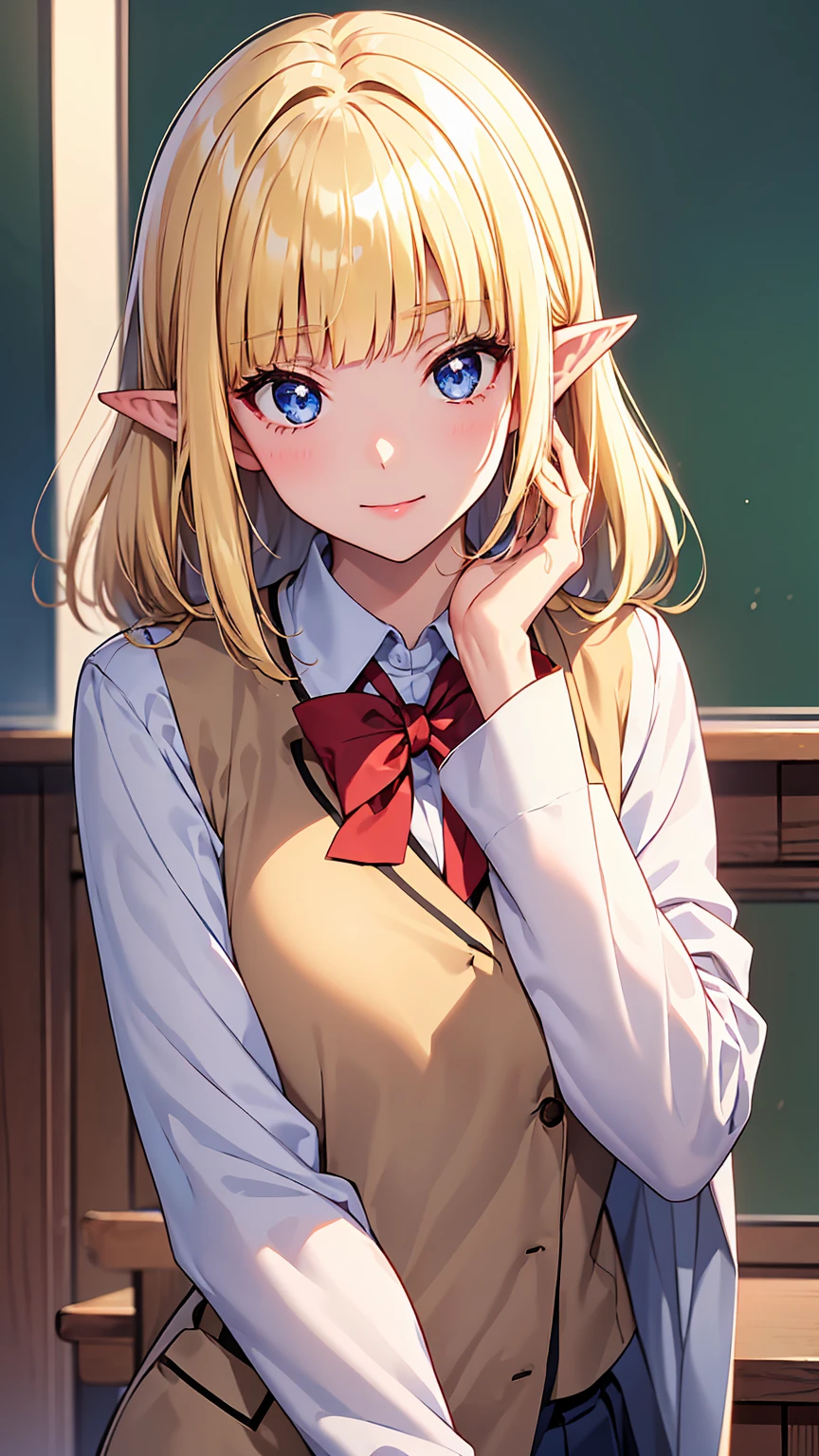 16k、masterpiece、High resolution、High resolution、((student))、((Young Elven Woman))、((Beautiful white skin))、((Beautiful blonde))、Short Hair、((Sparkling blue eyes))、((Pointy Ears))、Smiling Kindly、blush、Pink lip gloss、Shiny skin、((School uniform、Brown blazer、Long-sleeved jacket))、Clear blue sky、look at me、((Upper body close-up))、School classroom、blackboard、Wave at me