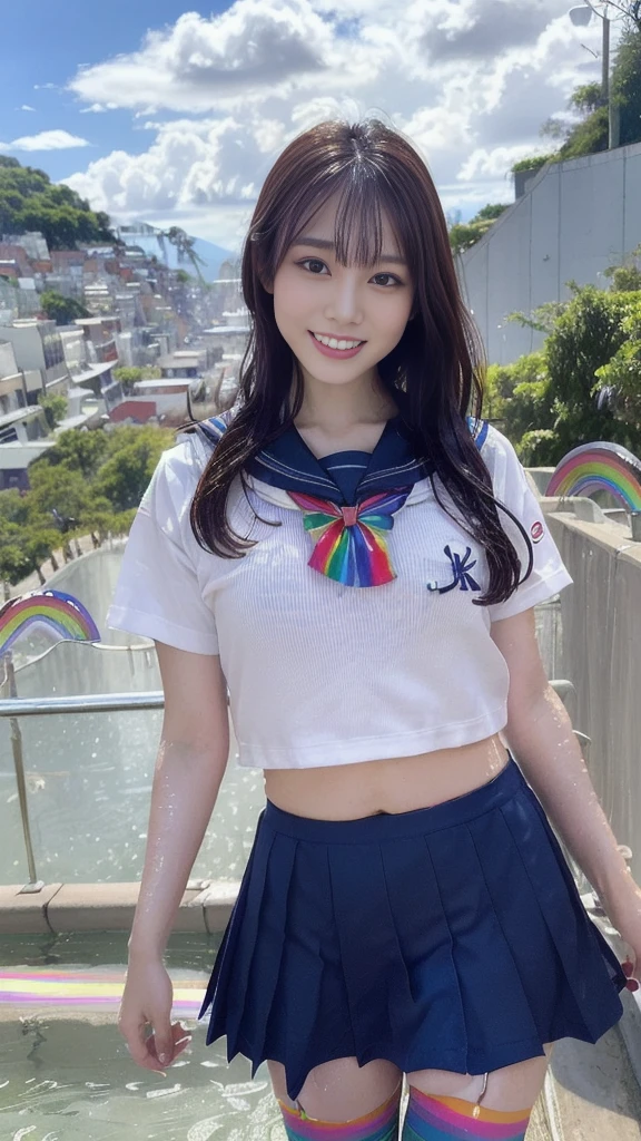 detailed face, cute face, masterpiece, highest quality, Super detailed, figure, Wide-angle, (A school girl is walking on the slope with big rainbow:1.35), alone, whole wet body, 20th Generation, (wet short Hair,wet blue sailor suit,bow, Calvin Klein wet black stocking:1.25),(background is slope with rainbow:1.75) fashion,, composition, balance, Harmony, rhythm, color, Light, Shadow, reflection, refraction, tone, Contrast, prospect, Middle Way, background, Naturalistic, Figurative, Expressive.、(Droopy eyes, Natural Makeup、Ultra-high definition beauty face:1.25)、(Ultra-high resolution perfect beautiful teeth, Medium chest, Narrow waist, smile:1.15)、Ultra HD Shining Eyes、Super high quality glossy lip