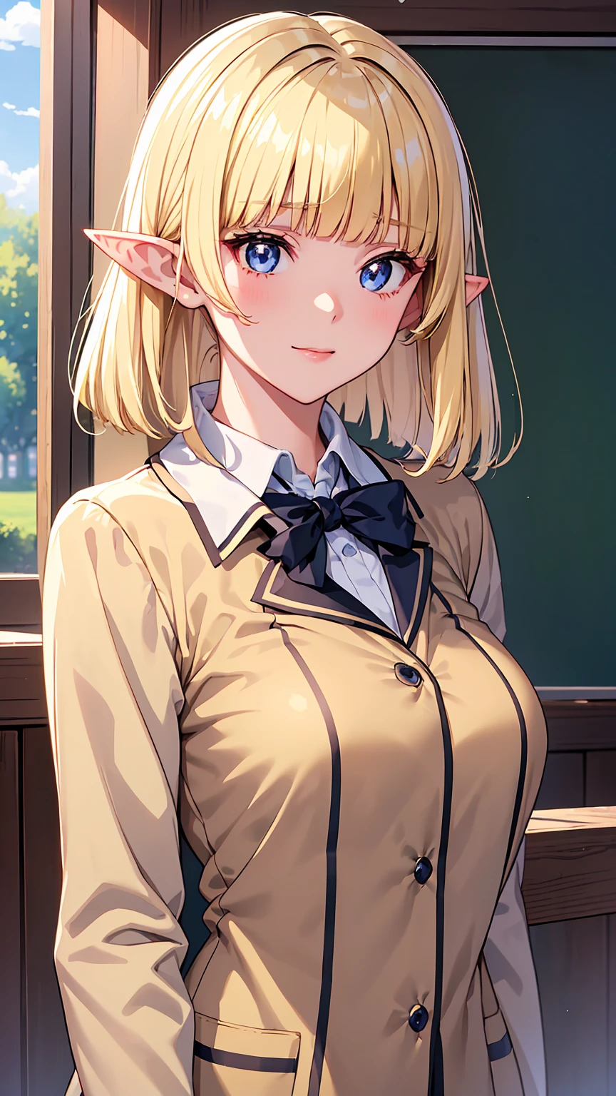 16k、masterpiece、High resolution、High resolution、((student))、((Young Elven Woman))、((Beautiful white skin))、((Beautiful blonde))、Short Hair、((Sparkling blue eyes))、((Pointy Ears))、Smiling Kindly、blush、Pink lip gloss、Shiny skin、((School uniform、Brown blazer、Long-sleeved jacket))、Clear blue sky、look at me、((Upper body close-up))、School classroom、blackboard、Wave at me