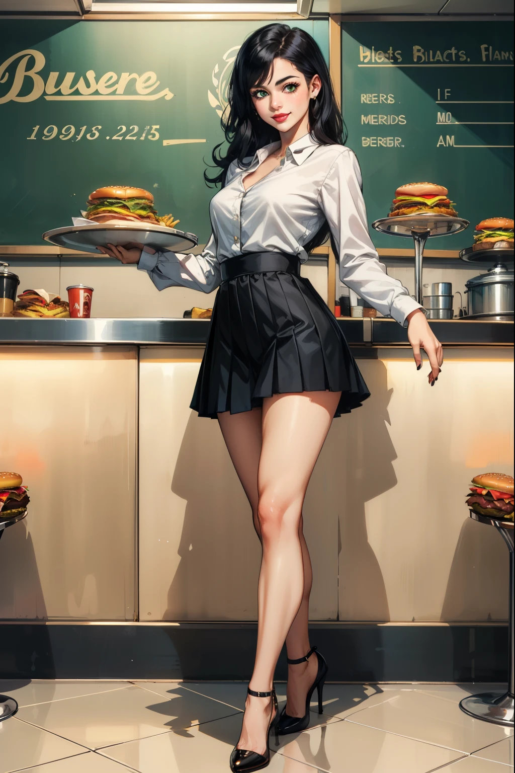 (masterpiece, best quality:1.2, Detailed Face), solo, 1girl, American diner, Waitress, 1950s, holding a platter with fries and hamburger, Smile, High heels, Pleated short skirt (Black), long sleeved blouse (white), Green eyes, Black hair,