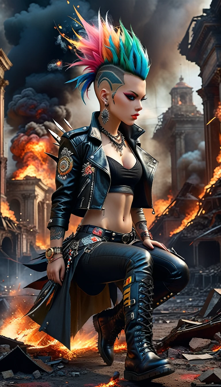 ((Epic lighting)),((Masterpiece, Best quality)), epic perpetuation of a dark illuminated nocturnal landscape, shrouded in darkness, remains of a ruined stage in the background, explosions detonating in the night, smoke suspended and illuminated by the glare of the explosion, distant vehicles engulfed in flames. (Masterpiece, Best quality), Majestic representation, ((1 men with beautiful and well-defined faces ((mohawk hair of various colors)), 1 beautiful and well-defined women, ((with punk hairstyles of various colors)), tops bright colors and spiked decorations)). PUNK style dresses of various colors, large earrings and striking punk garments carefully decorated with an endless number of metallic and pointed accessories, spikes and punk-inspired outfits. They exude a dynamic flight position, 8k.((dynamic flight pose))