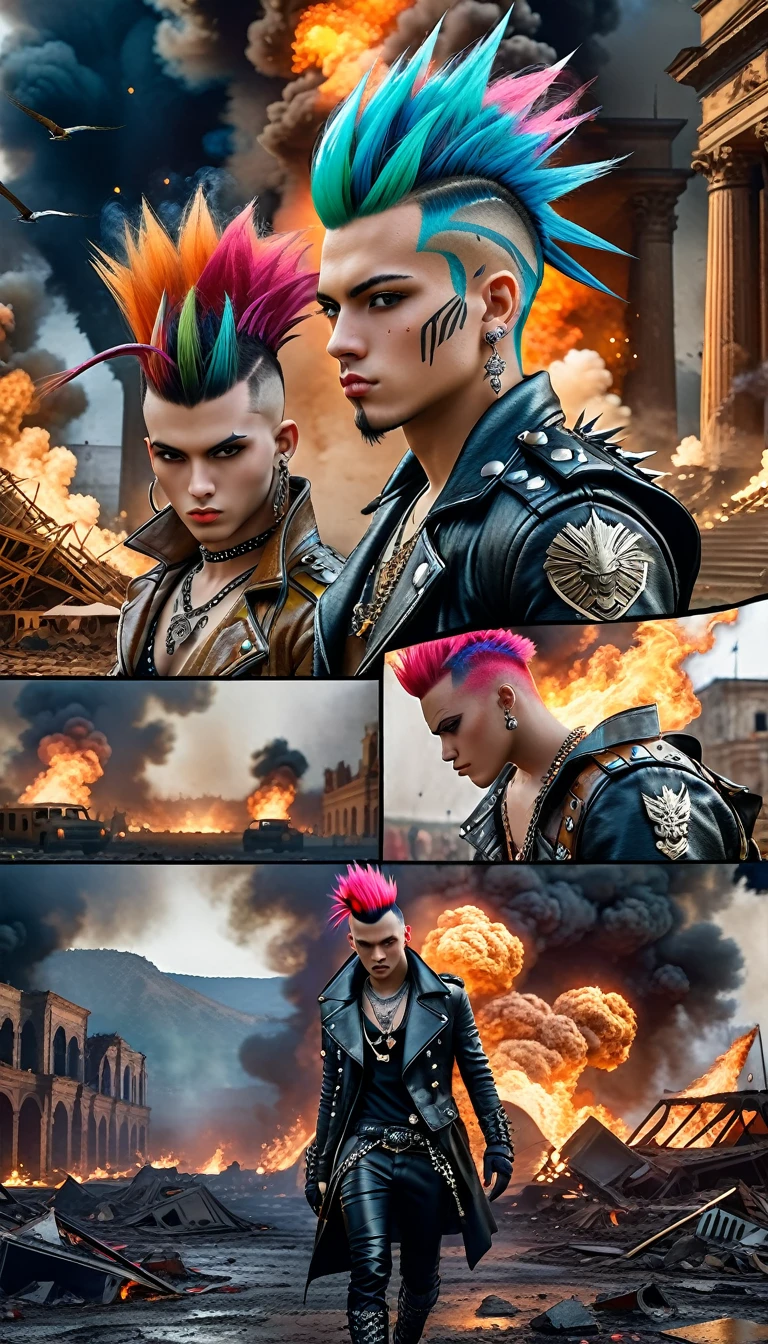 ((Epic lighting)),((Masterpiece, Best quality)), epic perpetuation of a dark illuminated nocturnal landscape, shrouded in darkness, remains of a ruined stage in the background, explosions detonating in the night, smoke suspended and illuminated by the glare of the explosion, distant vehicles engulfed in flames. (Masterpiece, Best quality), Majestic representation, ((1 men with beautiful and well-defined faces ((mohawk hair of various colors)), 1 beautiful and well-defined women, ((with punk hairstyles of various colors)), tops bright colors and spiked decorations)). PUNK style dresses of various colors, large earrings and striking punk garments carefully decorated with an endless number of metallic and pointed accessories, spikes and punk-inspired outfits. They exude a dynamic flight position, 8k.((dynamic flight pose))