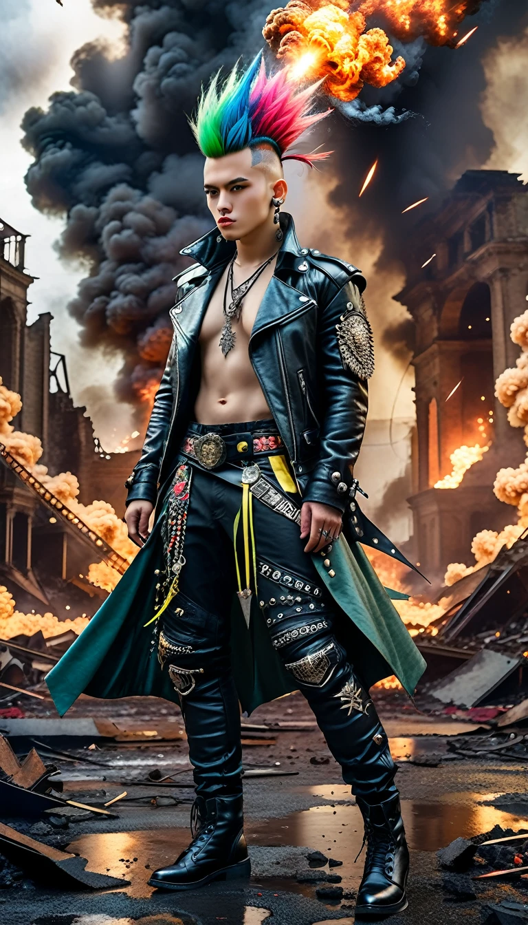 ((Epic lighting)),((Masterpiece, Best quality)), epic perpetuation of a dark illuminated nocturnal landscape, shrouded in darkness, remains of a ruined stage in the background, explosions detonating in the night, smoke suspended and illuminated by the glare of the explosion, distant vehicles engulfed in flames. (Masterpiece, Best quality), Majestic representation, ((1 men with beautiful and well-defined faces ((mohawk hair of various colors)), 1 beautiful and well-defined women, ((with punk hairstyles of various colors)), tops bright colors and spiked decorations)). PUNK style dresses of various colors, large earrings and striking punk garments carefully decorated with an endless number of metallic and pointed accessories, spikes and punk-inspired outfits. They exude a dynamic flight position, 8k.((dynamic flight pose))