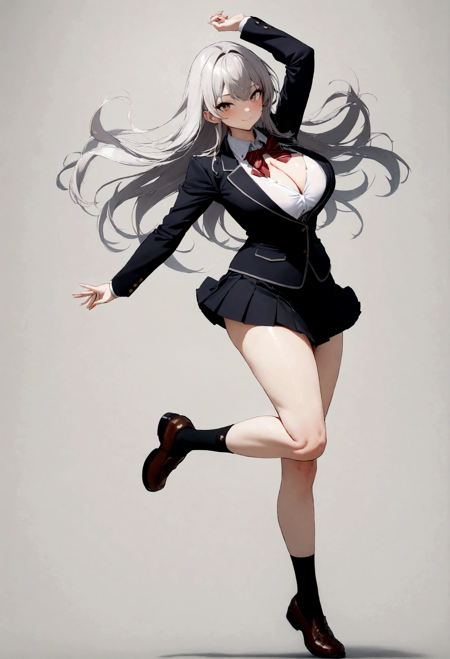 8k, huge , floating hair, busty, large chest, big tits, thick, masterpiece, best quality, 1girl, ichinose, ichinose, 1girl, solo, smile, skirt, bow, , jacket, socks, blazer, simple background, masterpiece, view at camera, fullbody, random pose,
