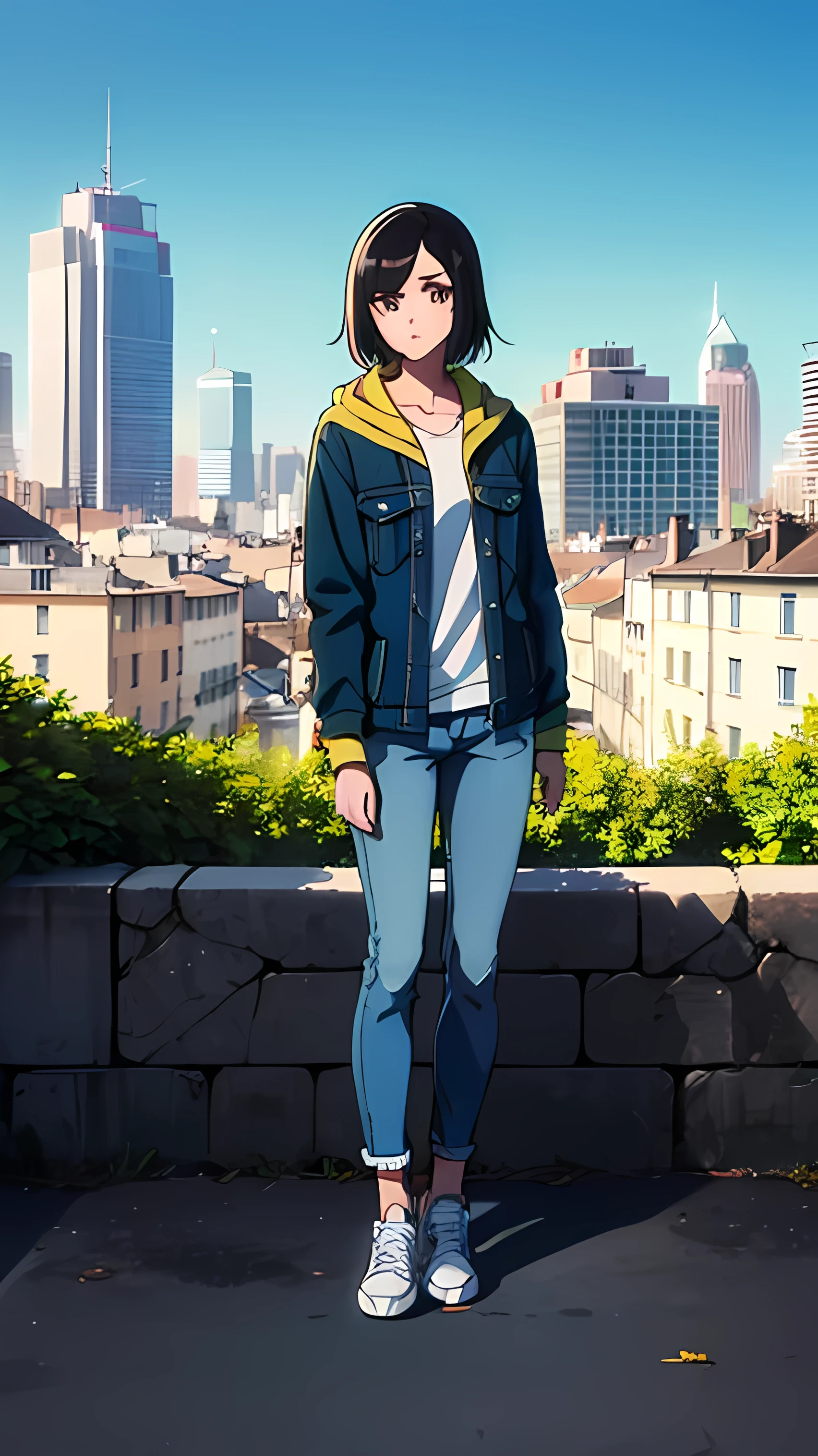 A teenage girl, black hair with green clip, dark yellows eyes, Hooded denim jacket, white shirt, dark jean pants, sneakers, background of a city in France.