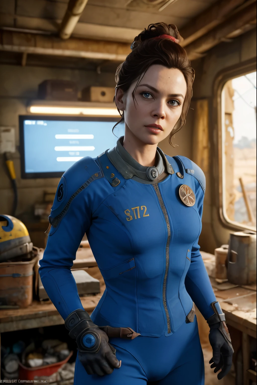 Uma mulher fofa e nerd, (Michelle Pfeiffer:Gillian Jacobs:0.5), cabelo moreno preso em rabo de cavalo, (vestindo um traje de salto Fallout 4 azul com muitos detalhes), rosto de alto detalhe, pele com alto detalhe, seductive expression, Corpo perfeito, perfect proportions, a nuclear wasteland background with scattered ruins, alta qualidade, Obra de arte, foto realista, intrinsecamente detalhado, 8K, HDR, Profundidade superficial de campo, luz ampla, Alto contraste, luz de fundo, sharp focus, Foto colorida RAW, looking at the camera, cores legais, dynamic poses, no estilo de Fallout 4