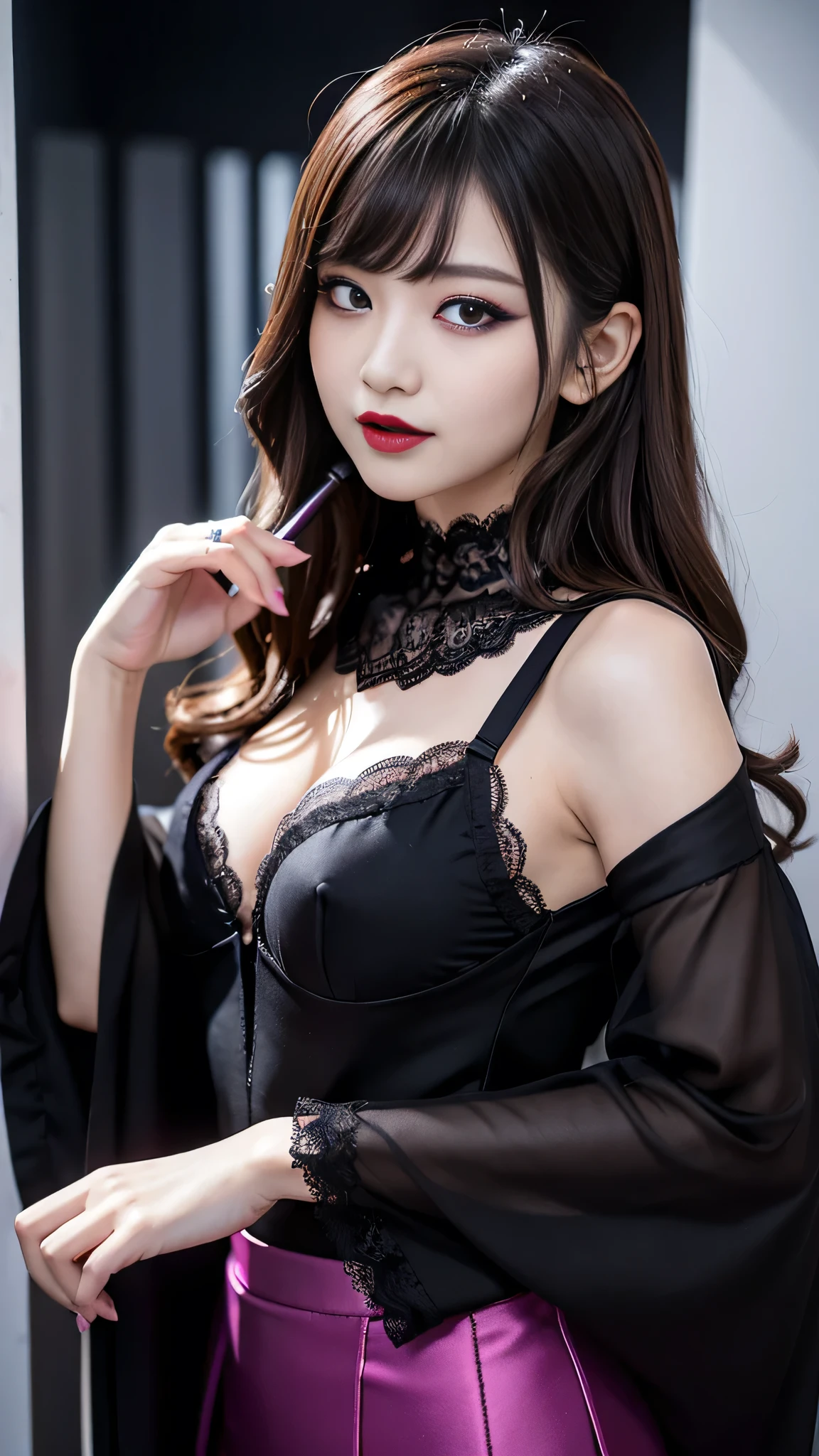 best quality、ultra-detailed、8k、Japanese、Japanese、Seductive beauty、seductive adult woman、Pretty Woman、cool girl、Villainess、brainwash makeup、Brainwashed、brainwash、Fallen into evil、smirk、Evil look、Wicked Smile、evil、Brown hair、wavy hair、swept bangs、dark makeup、dark makeup、piercing eyes、hollow eyes,half-closed eyes、Hollow Eyes、purple Eyeshadow、black lipstick、black lipglos、Lace fabric、black party dress、Wide sleeves、flare skirt、night、inside darkroom、Are standing、Look、Offer、shoot from below、Make up、Have lipstick、Swear allegiance、I have pledged my allegiance、Seduce、Evil female executive、Female Combatant