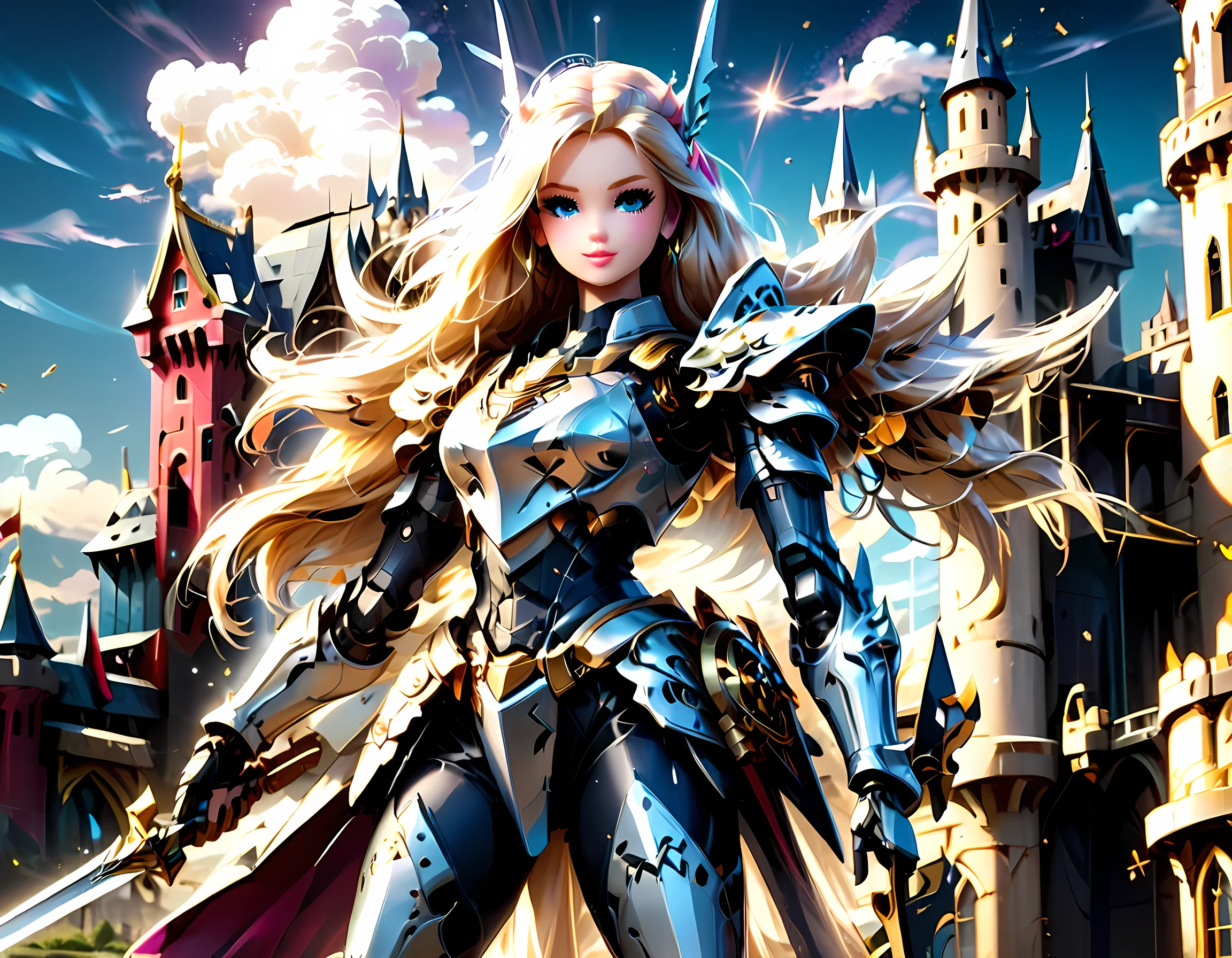16k, ultra detailed, masterpiece, best quality, (extremely detailed), arafed, dnd art, panoramic view, full body, ((Barbie: 1.5)) knight standing on the all of the castle as the sun rises, she is holding sword and shield, you see only the silhouette of knight, intense eyes, ultra feminine, ultra detailed face, (Masterpiece, intense details:1.5), (anatomically correct: 1.5), determined face, sky are switching day and night, the sun is rising, suns, some stars, rays of dawn, fantasy castle background, Wide-Angle, Ultra-Wide Angle, 16k, highres, best quality,  Sword and shield, mecha