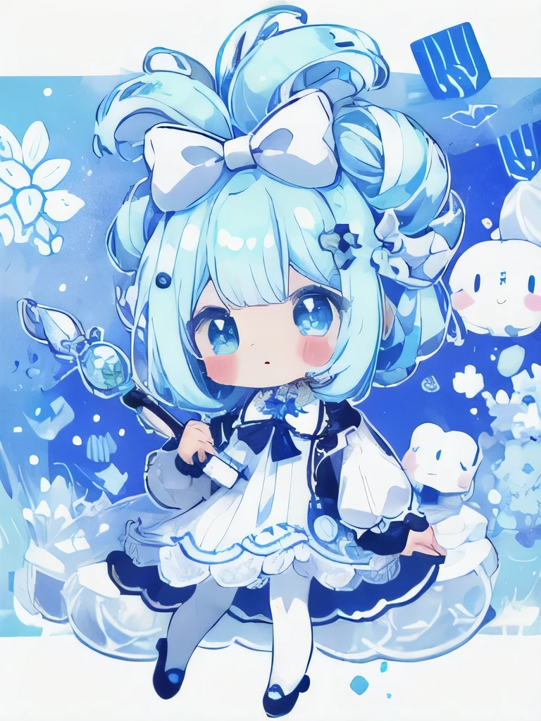 1girl, solo, Cinnamiku, blue hair, blue eyes, hair rings, hair bow, blue bow, (cinnamoroll, tied ears),  light blue hair,((blush)), (chibi:1.2),, , blue necktie, frilled collar, cute, hair_behind_ear, (chibi_style:1.2), 、cherry blossom petals, Cute Girl, modest two tier dress clothes, sea motif、jellyfish motif、sea pattern tights、Umbrella shaped like a jellyfish、Jellyfish Girl、Transparent cloth、exposed、teardrop jewel、light blue gems