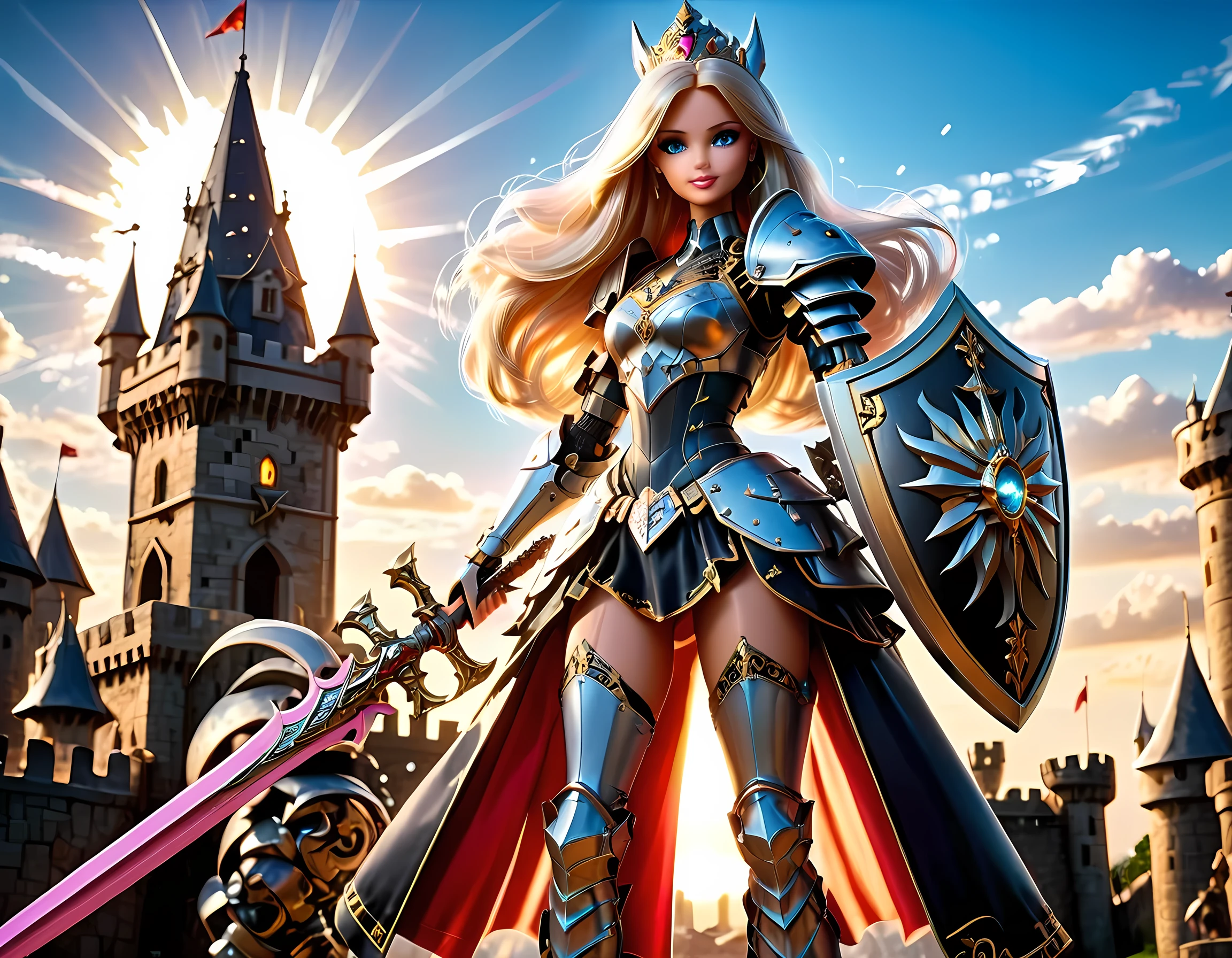 16k, ultra detailed, masterpiece, best quality, (extremely detailed), arafed, dnd art, panoramic view, full body, ((Barbie: 1.5)) knight standing on the all of the castle as the sun rises, she is holding sword and shield, you see only the silhouette of knight, intense eyes, ultra feminine, ultra detailed face, (Masterpiece, intense details:1.5), (anatomically correct: 1.5), determined face, sky are switching day and night, the sun is rising, suns, some stars, rays of dawn, fantasy castle background, Wide-Angle, Ultra-Wide Angle, 16k, highres, best quality, faize, Sword and shield, mecha