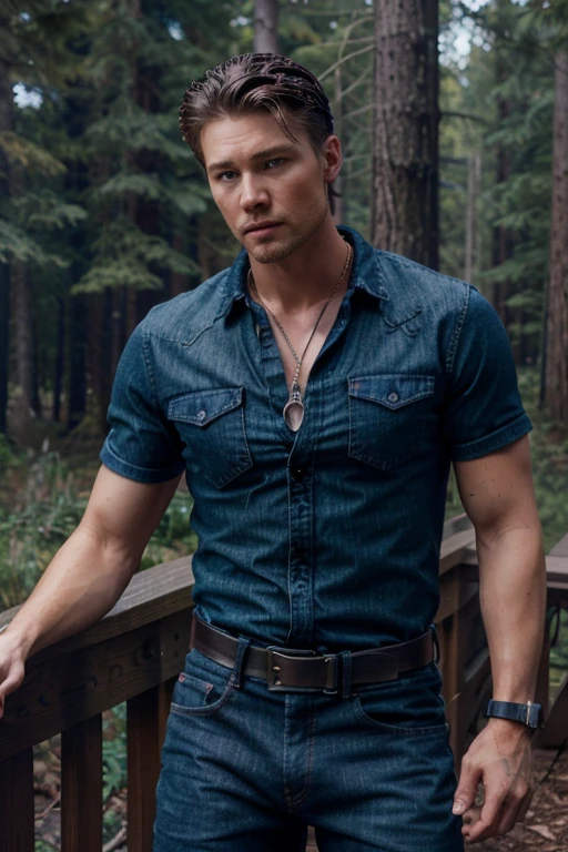 Brad Radwell, Chad Michael Murray, Teen Wolf, 26 years old, short messy black hair, slim muscular build, green eyes, open red denim shirt, dark blue jeans, black belt, light brown combat boots, silver moon pendant, Black misty forest background.