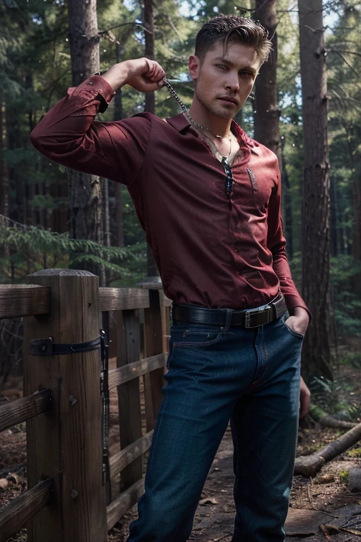Brad Radwell, Chad Michael Murray, Wolf, 26 years old, short messy black hair, slim muscular build, green eyes, open red denim shirt, dark blue jeans, black belt, light brown combat boots, silver moon pendant, Black misty forest background.