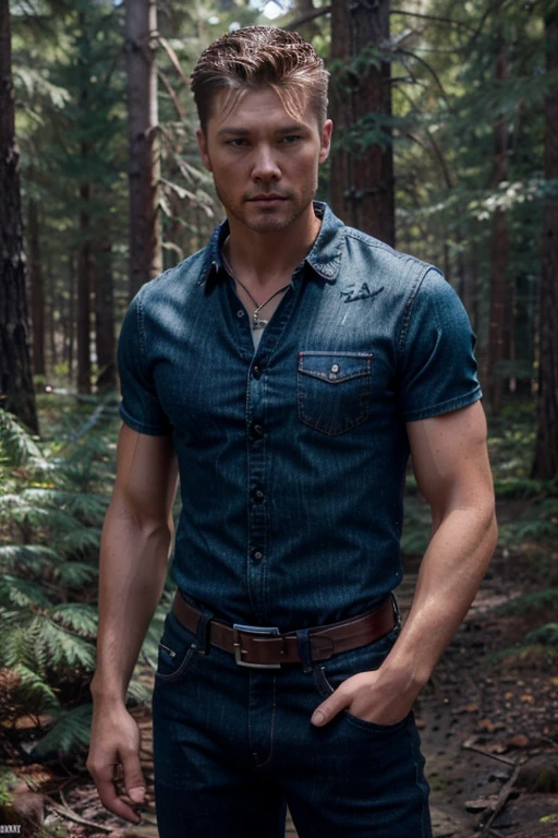 Lochlyn Munro, Scott Stubbs, Teen Wolf, 18 years old, short messy blonde hair, green eyes, gray shirt with black collar, leather belt, dark black jeans, silver moon pendant, black jeans, black misty forest background .