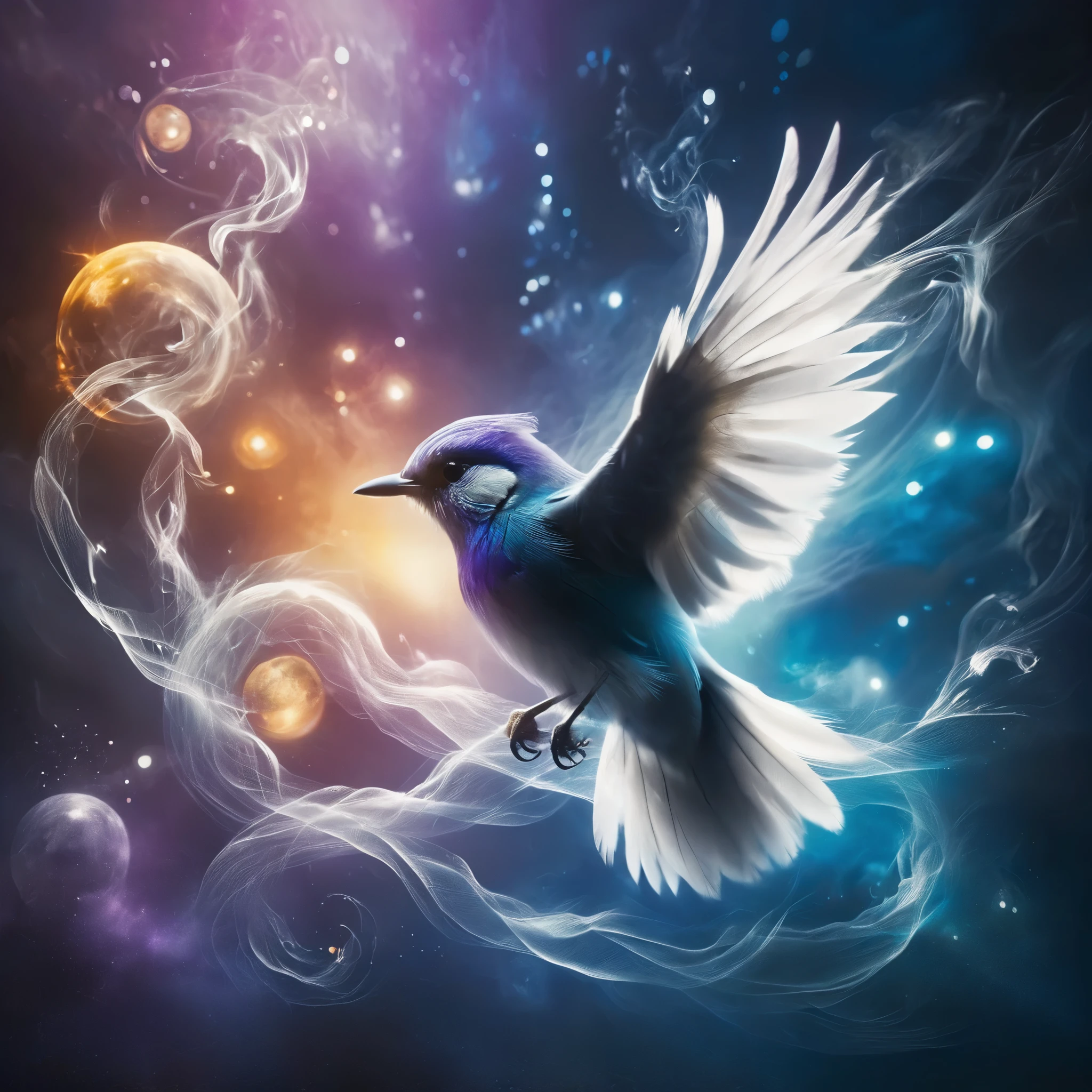 Create an ethereal, glowing bird with luminescent feathers in shades of blue, purple, and white, perched on a delicate, swirling branch. The bird should have an otherworldly glow, with light emanating from its body and wings, giving it a magical, celestial appearance. Surround the bird with a dreamy, cosmic background featuring vibrant colors such as deep blues, purples, and oranges. Incorporate swirling, wispy clouds and light trails that give a sense of motion and fantasy. Add subtle sparkles and glowing orbs to enhance the mystical atmosphere. The overall composition should be whimsical, enchanting, and filled with a sense of wonder and tranquility.