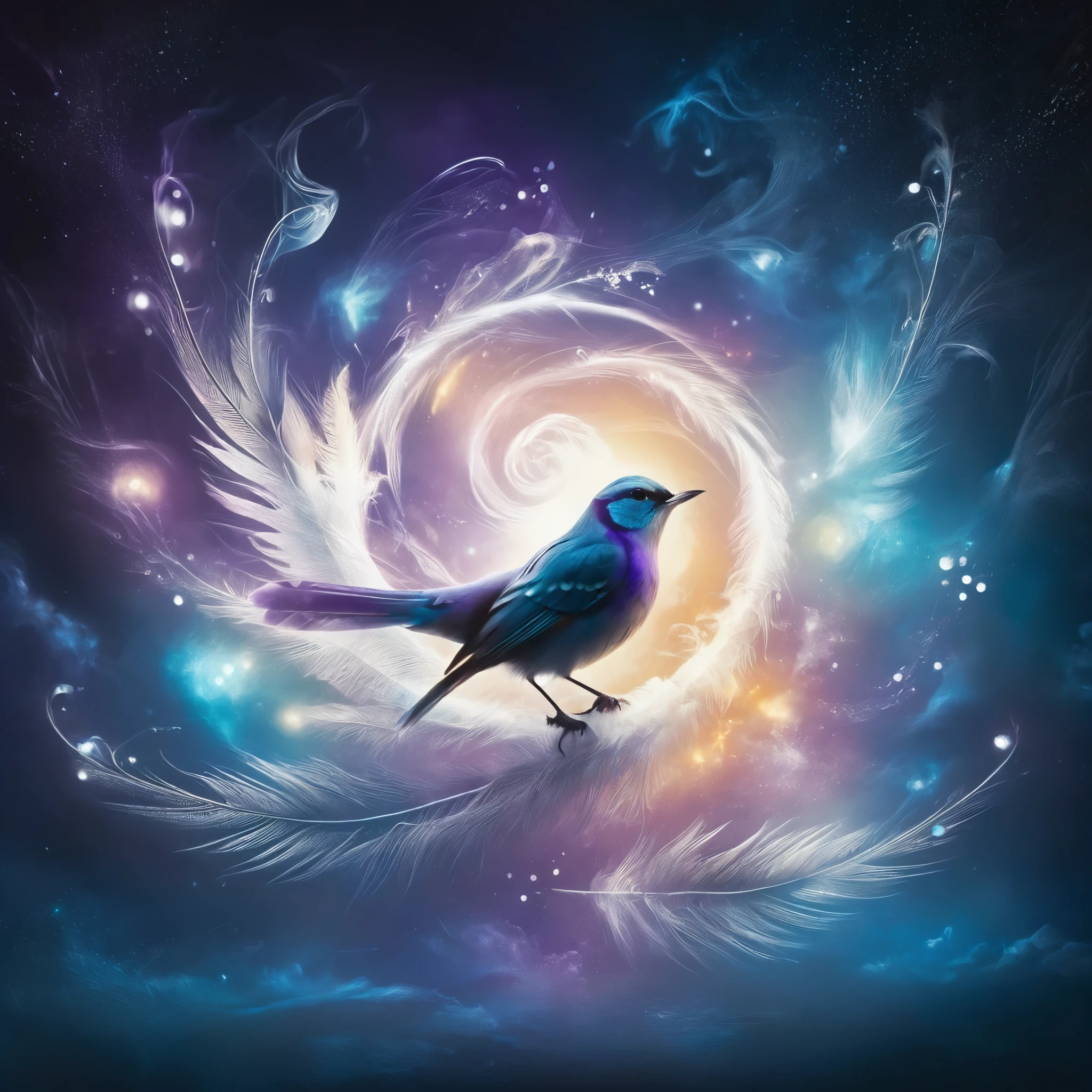 Create an ethereal, glowing bird with luminescent feathers in shades of blue, purple, and white, perched on a delicate, swirling branch. The bird should have an otherworldly glow, with light emanating from its body and wings, giving it a magical, celestial appearance. Surround the bird with a dreamy, cosmic background featuring vibrant colors such as deep blues, purples, and oranges. Incorporate swirling, wispy clouds and light trails that give a sense of motion and fantasy. Add subtle sparkles and glowing orbs to enhance the mystical atmosphere. The overall composition should be whimsical, enchanting, and filled with a sense of wonder and tranquility.