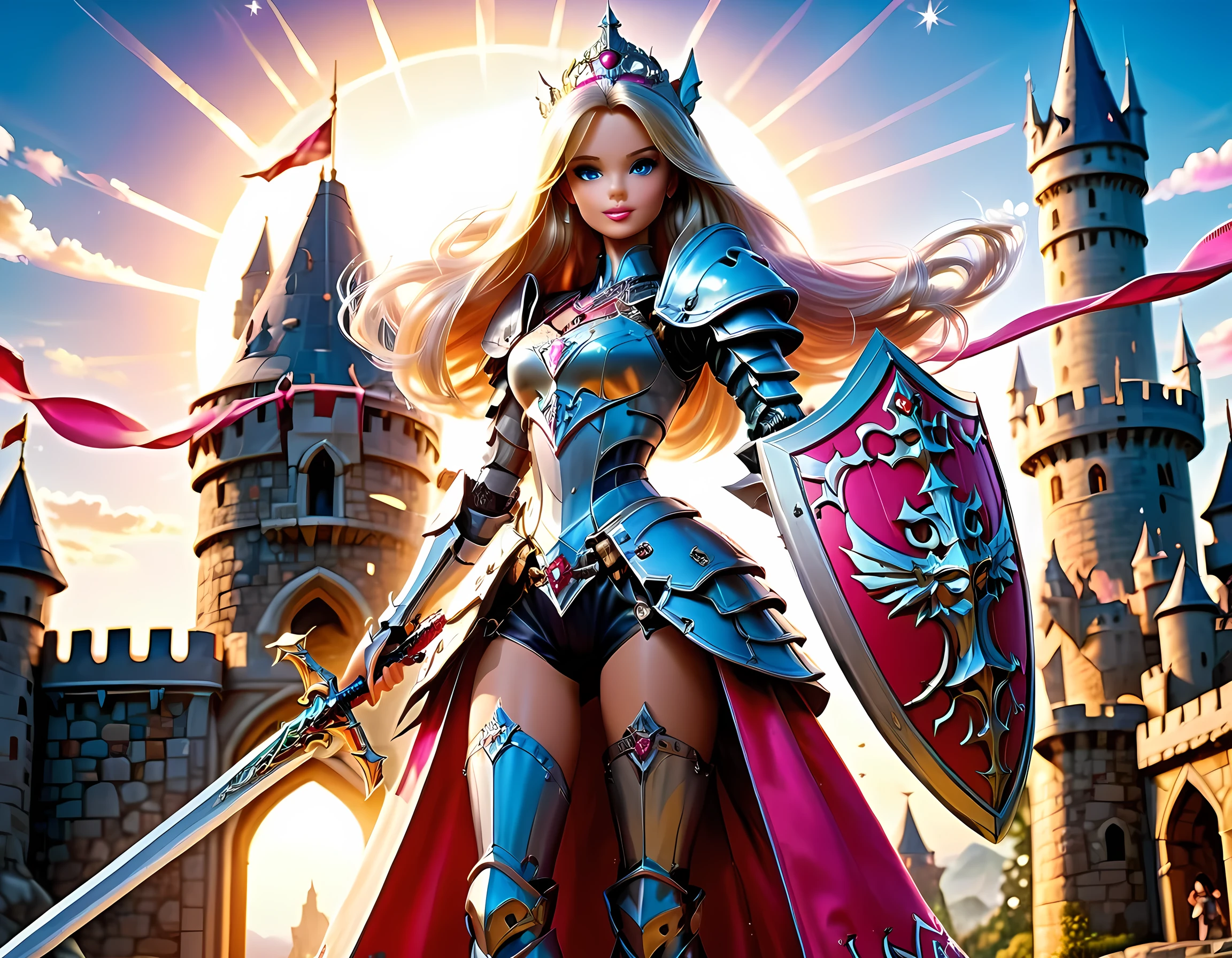 16k, ultra detailed, masterpiece, best quality, (extremely detailed), arafed, dnd art, panoramic view, full body, ((Barbie: 1.5)) knight standing on the all of the castle as the sun rises, she is holding sword and shield, you see only the silhouette of knight, intense eyes, ultra feminine, ultra detailed face, (Masterpiece, intense details:1.5), (anatomically correct: 1.5), determined face, sky are switching day and night, the sun is rising, suns, some stars, rays of dawn, fantasy castle background, Wide-Angle, Ultra-Wide Angle, 16k, highres, best quality, faize, Sword and shield, mecha