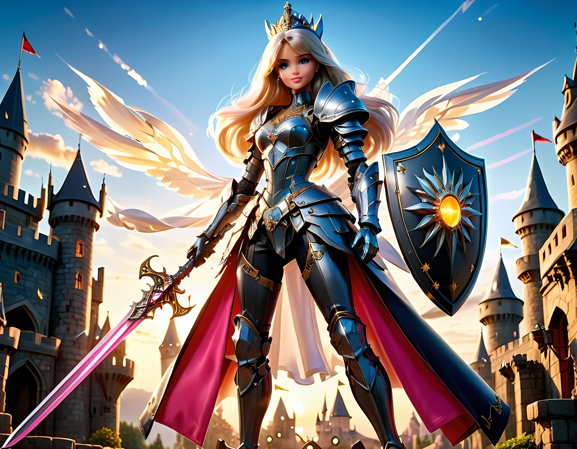 16k, ultra detailed, masterpiece, best quality, (extremely detailed), arafed, dnd art, panoramic view, full body, ((Barbie: 1.5)) knight standing on the all of the castle as the sun rises, she is holding sword and shield, you see only the silhouette of knight, intense eyes, ultra feminine, ultra detailed face, (Masterpiece, intense details:1.5), (anatomically correct: 1.5), determined face, sky are switching day and night, the sun is rising, suns, some stars, rays of dawn, fantasy castle background, Wide-Angle, Ultra-Wide Angle, 16k, highres, best quality, faize, Sword and shield, mecha