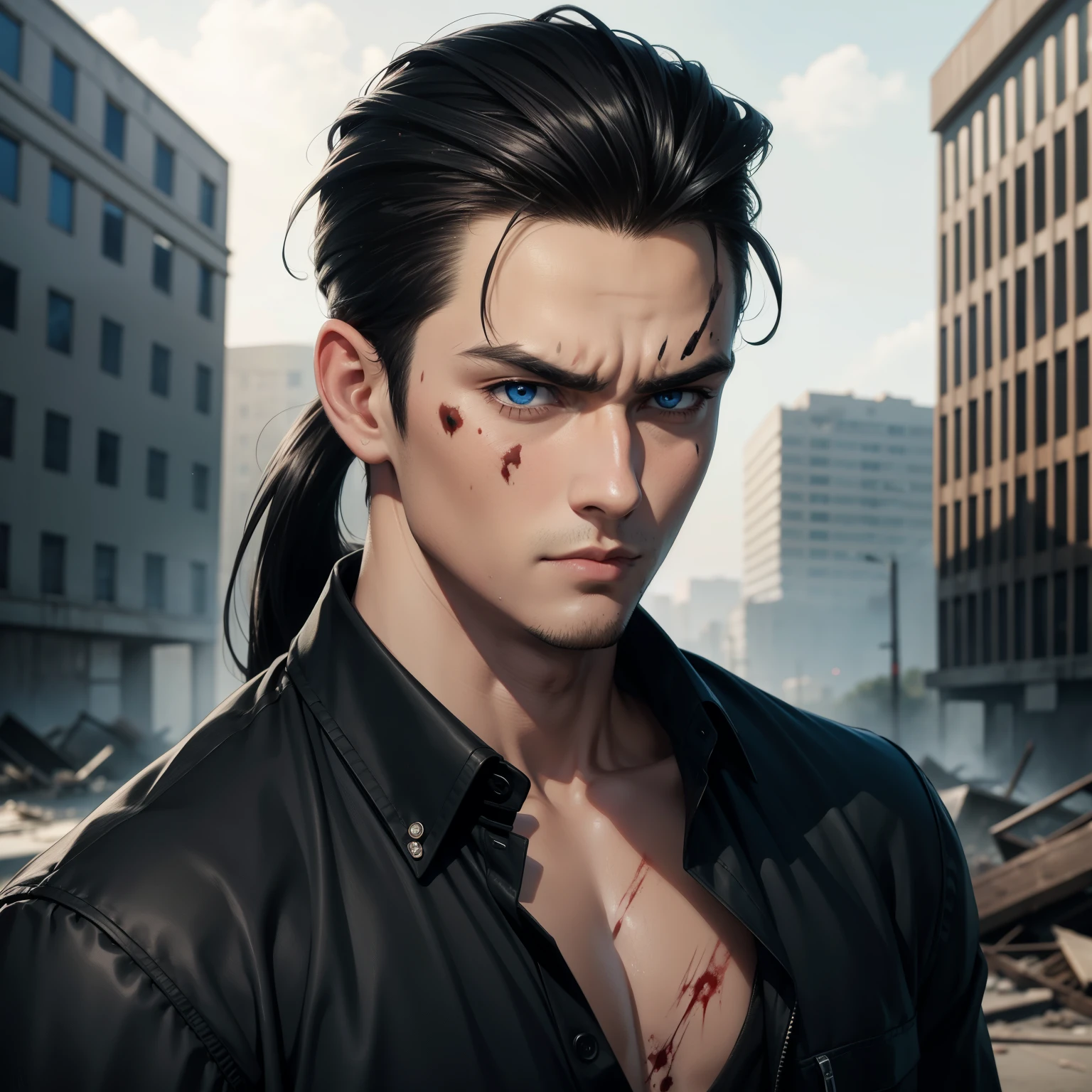 Realistic Anime style, Handsome boy, cool boy, serious face, torn Black shirt, Slicked Back hairstyle, Several blood wounds on his face, Background of destroyed buildings, low long ponytail, blue eyes 