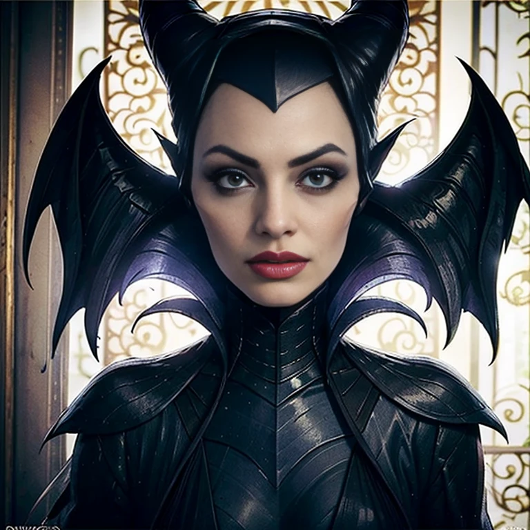 Masterpiece, best quality, detailed face, perfect eyes, Maleficent, black cowl, demon horns, throne behind her, looking at viewer,