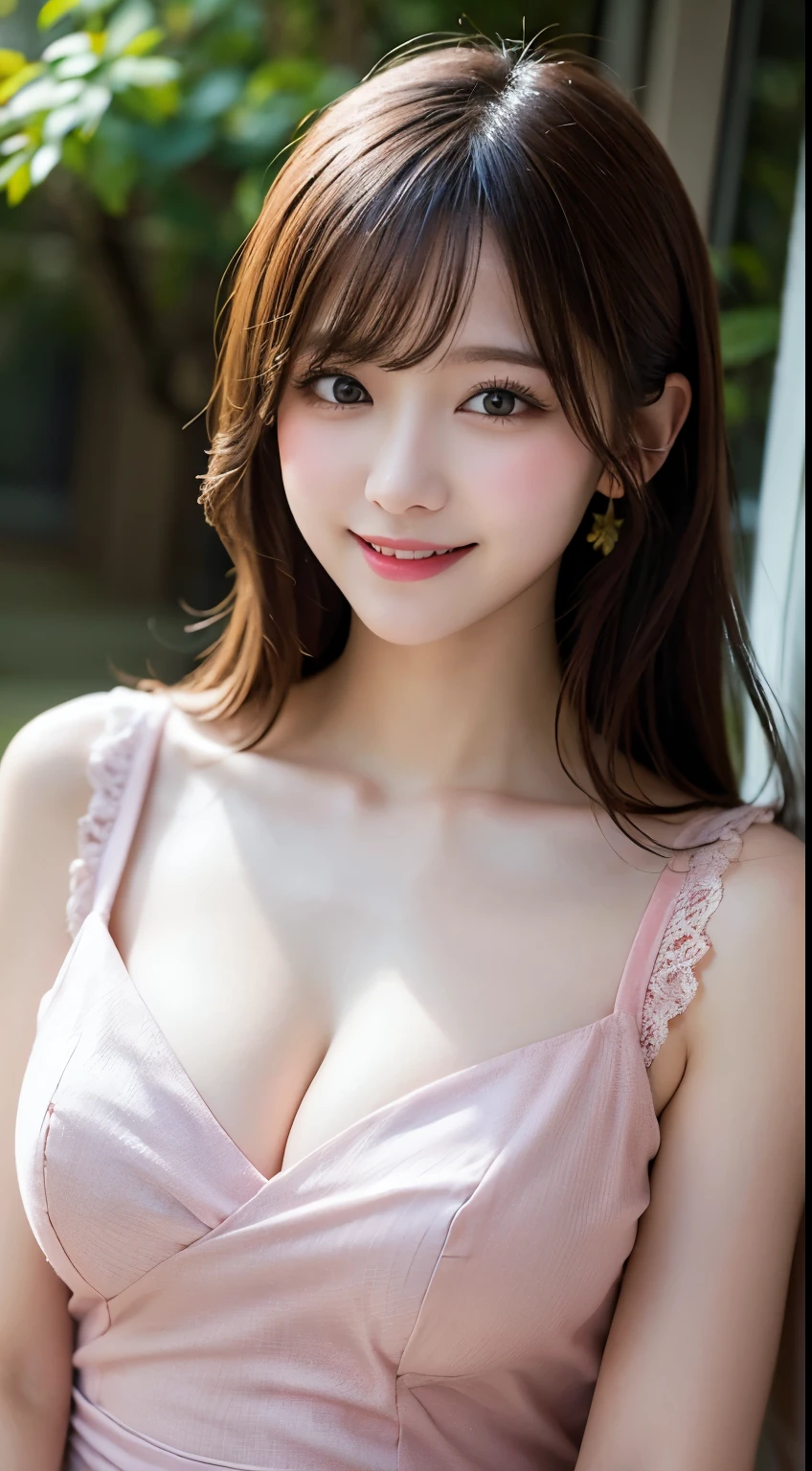 No sleeve, masutepiece, Best Quality, Illustration, Ultra-detailed, finedetail, hight resolution, 8K Wallpaper, Perfect dynamic composition, Beautiful detailed eyes,  Natural lips, sexy pink dress , Big breasts, cleavage, smile, 