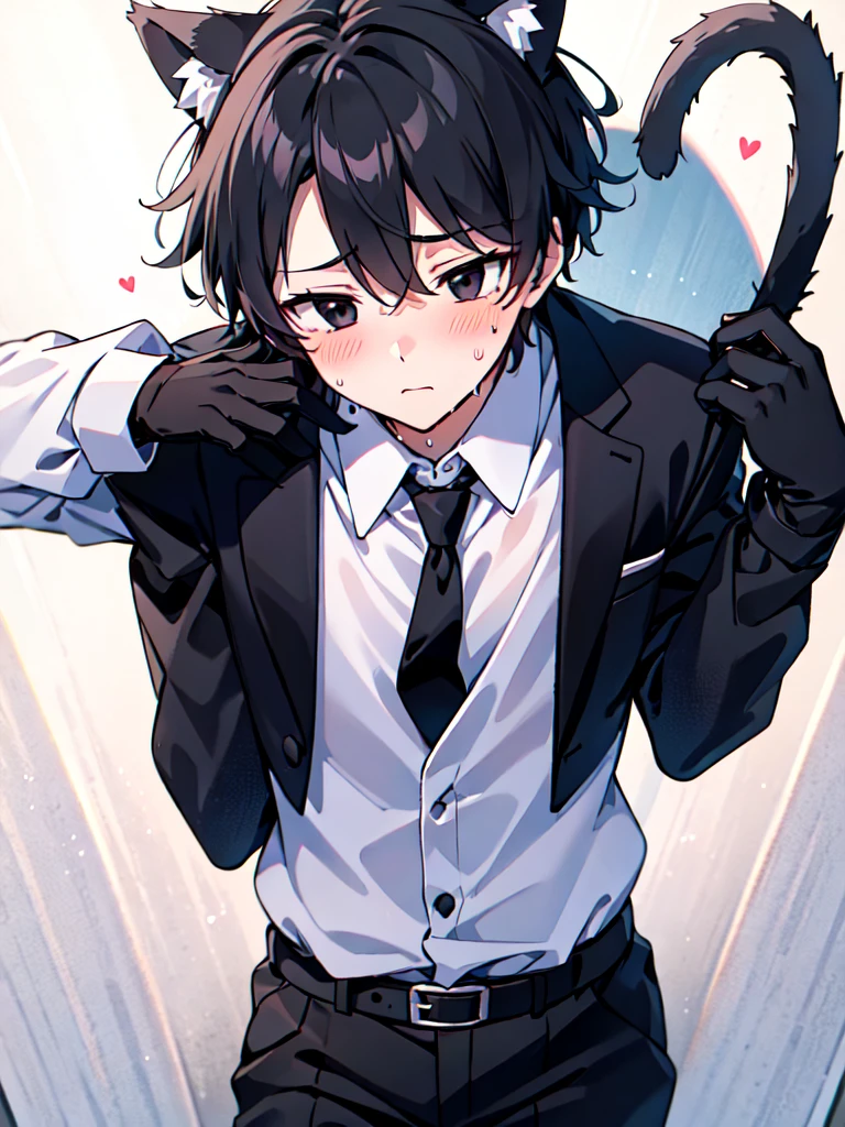 16-year-old boy，cute，Wear a white long-sleeved shirt and a black work tie，Wear black pants，Wear black booties，Wear white gloves，wear cat ear，Black hair，Black eyes，blush，sweat，shy，Uncomfortable，Glove removal action，Close-up photo