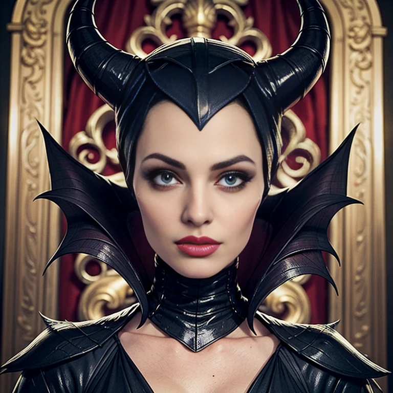 Masterpiece, best quality, detailed face, perfect eyes, Maleficent, black cowl, demon horns, throne behind her, looking at viewer,